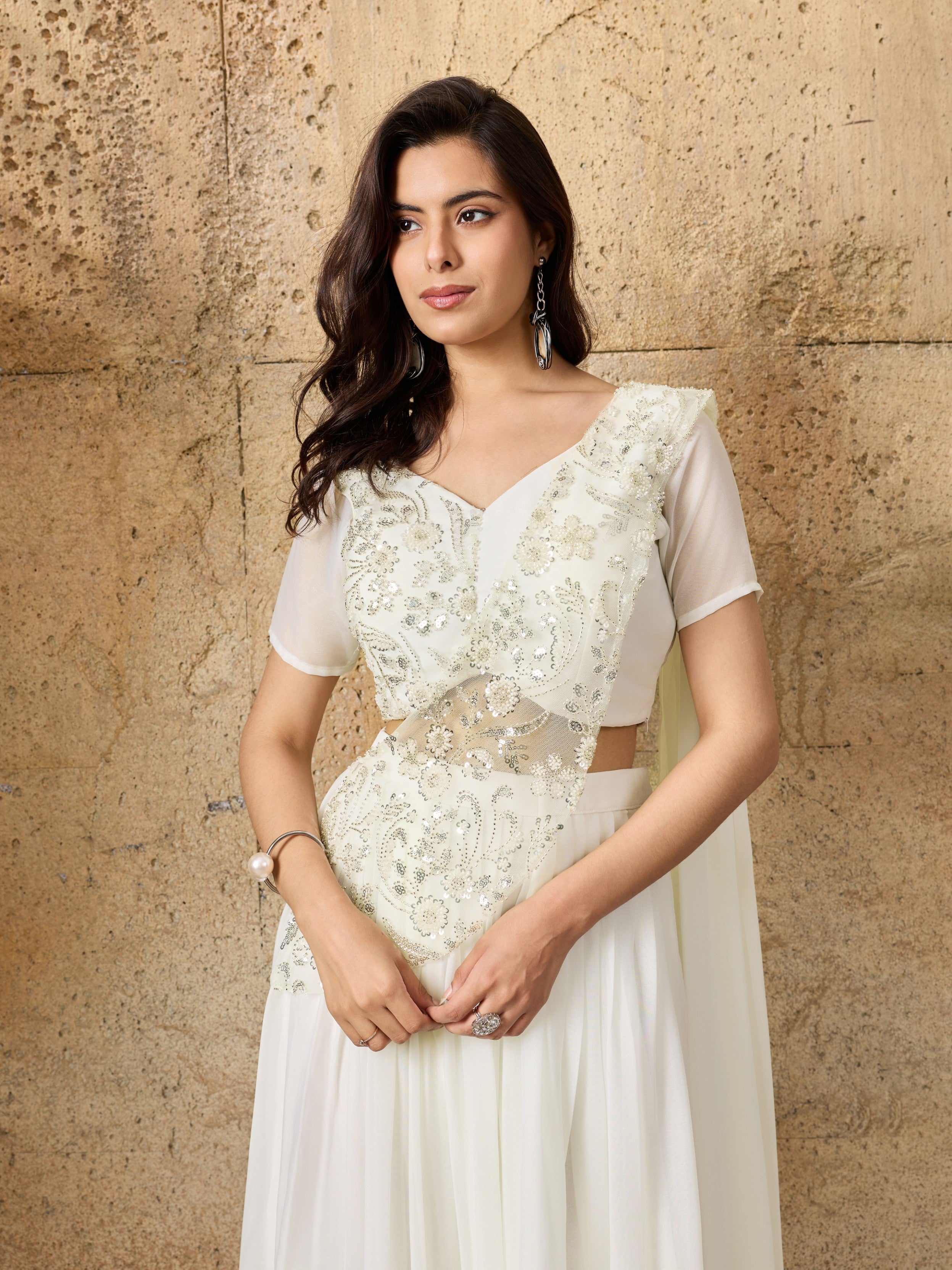 Ivory Embellished Shimmer Silk Skirt Set