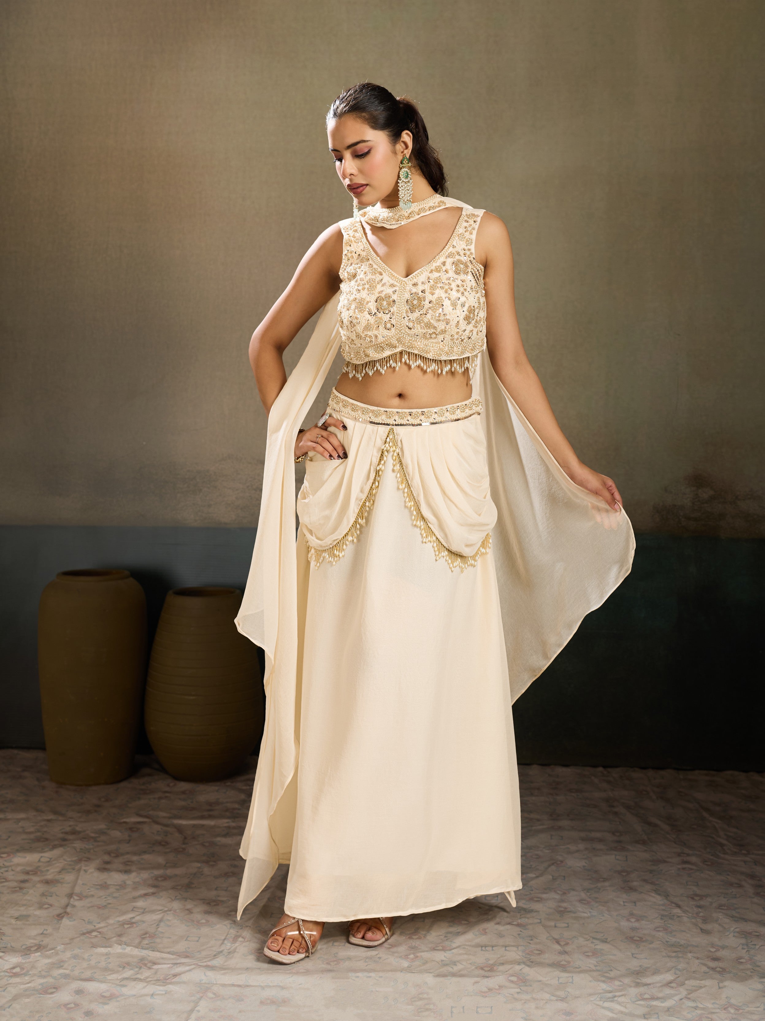Ivory Embellished Chinon Silk Skirt Set
