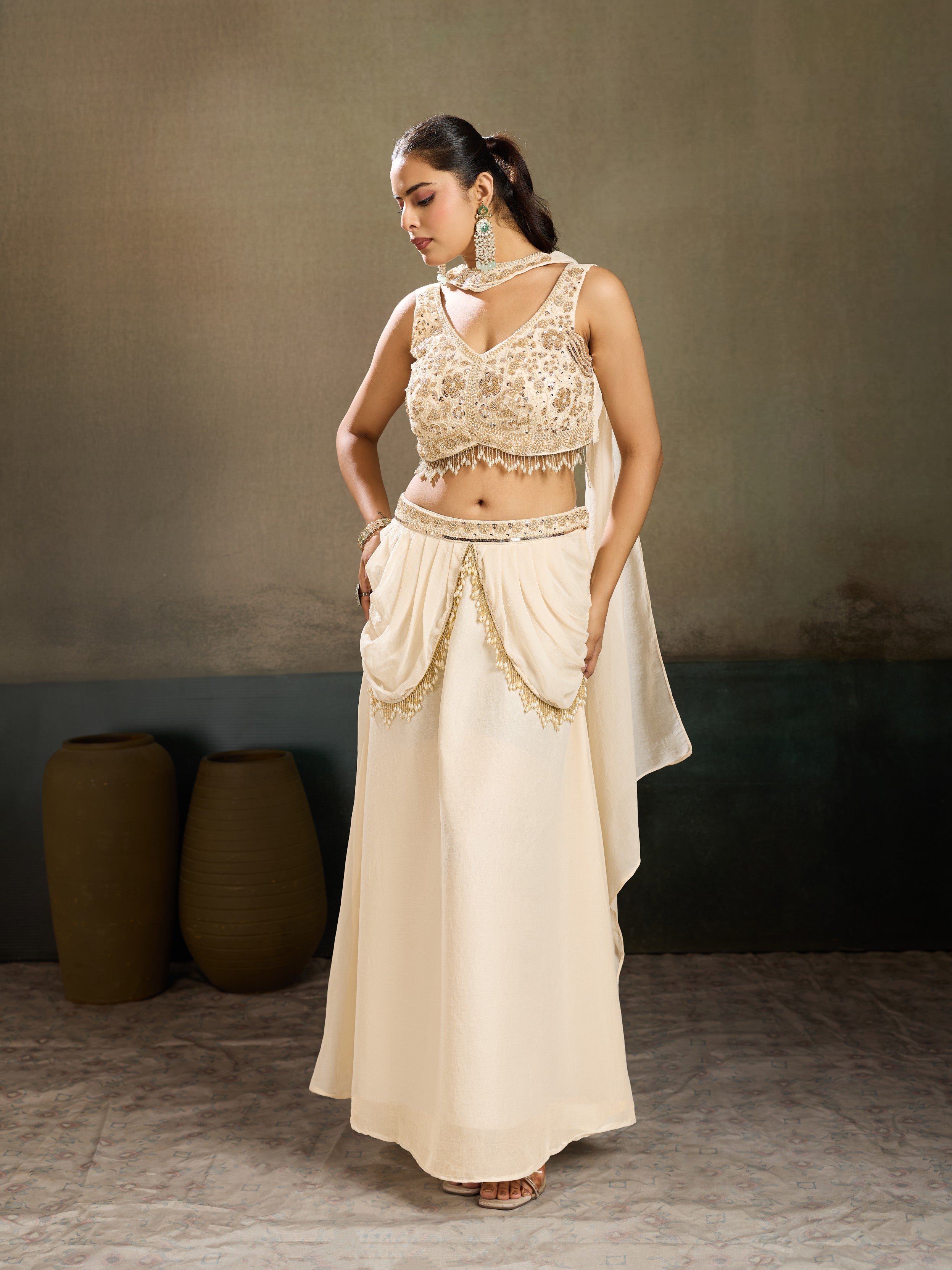 Ivory Embellished Chinon Silk Skirt Set
