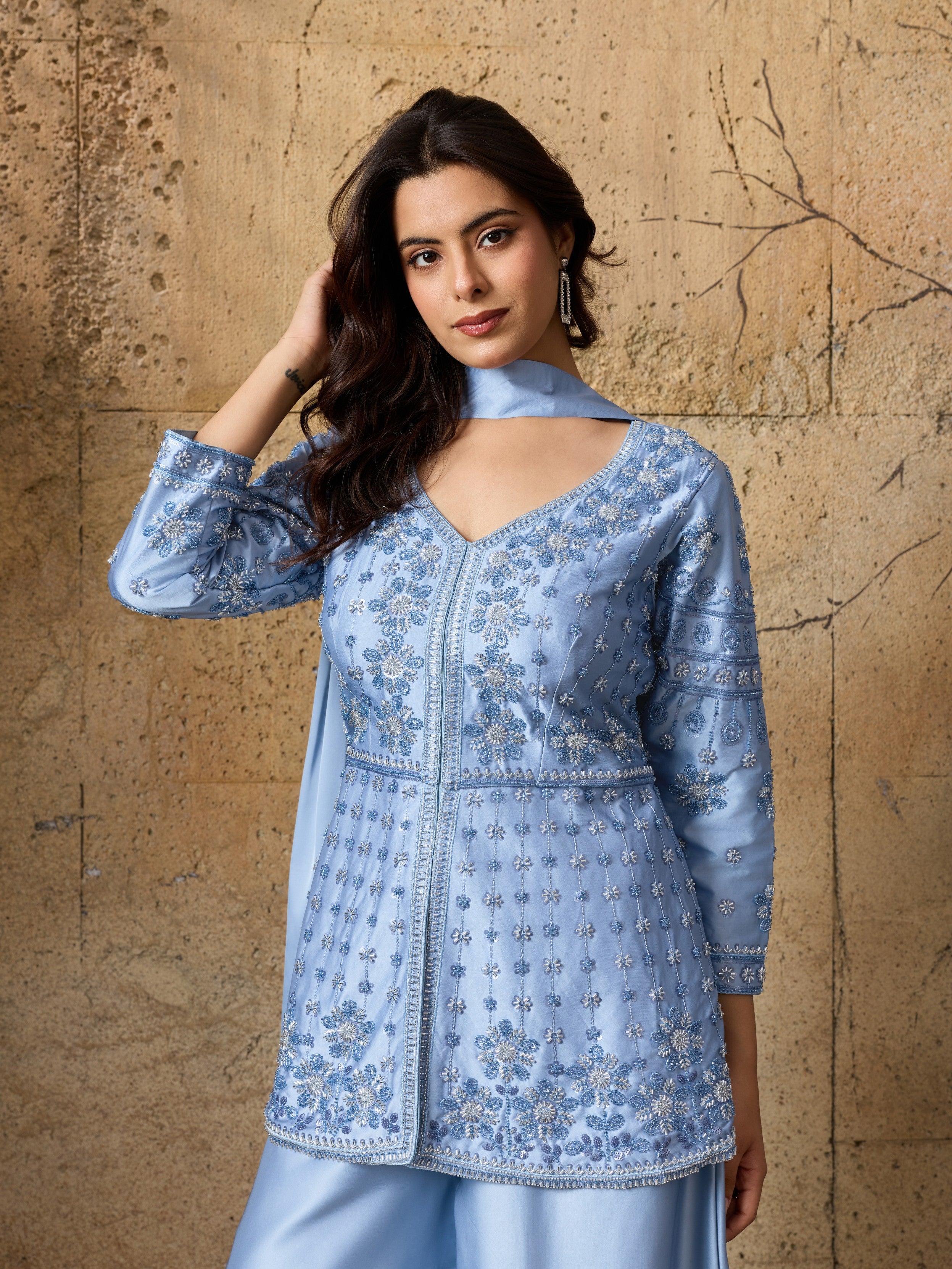 Powder Blue Embellished Satin Silk Palazzo Set