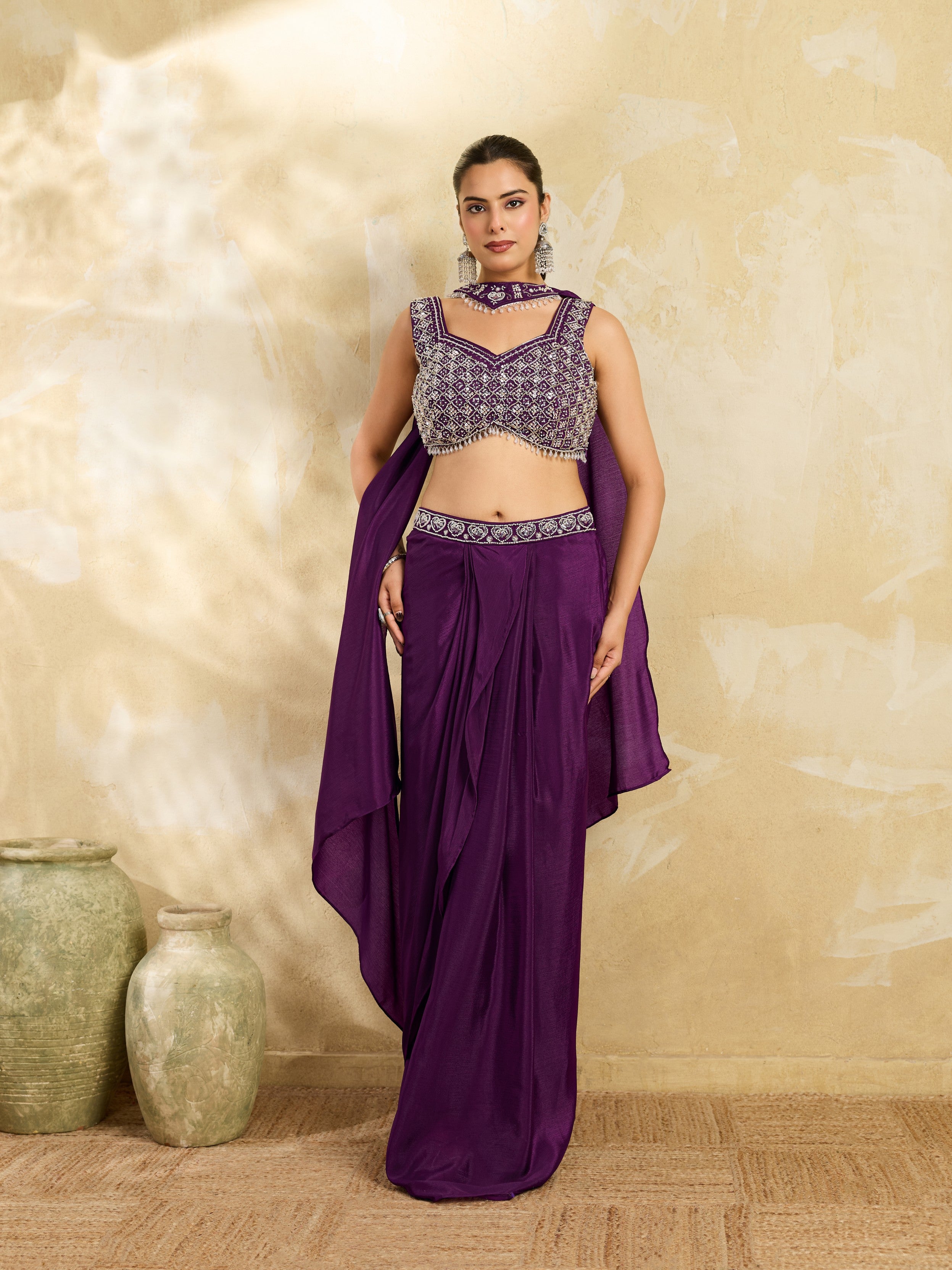 Rich Purple Embellished Chinon Silk Skirt Set