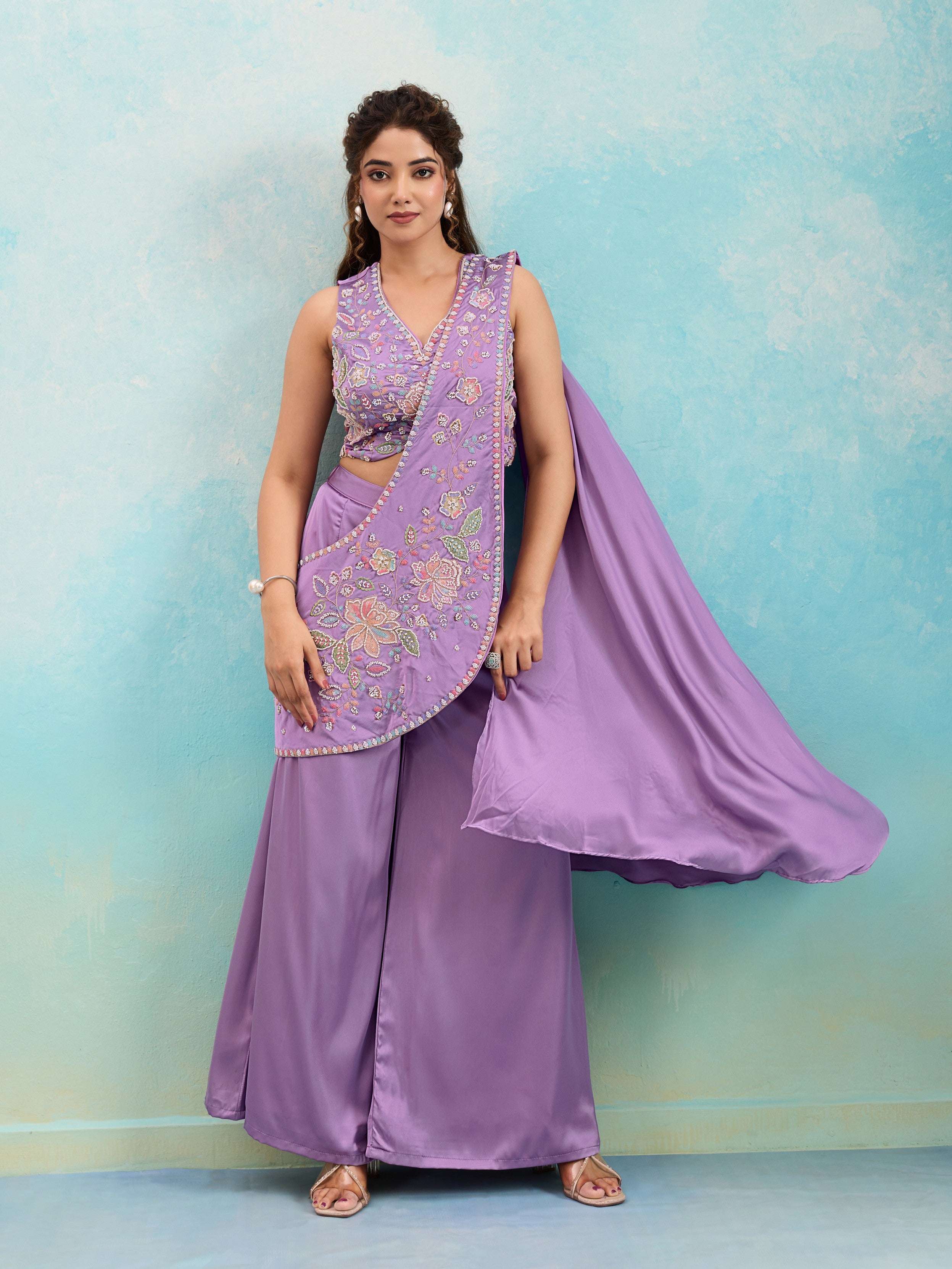 Lavender Embellished Crepe Silk Palazzo Set
