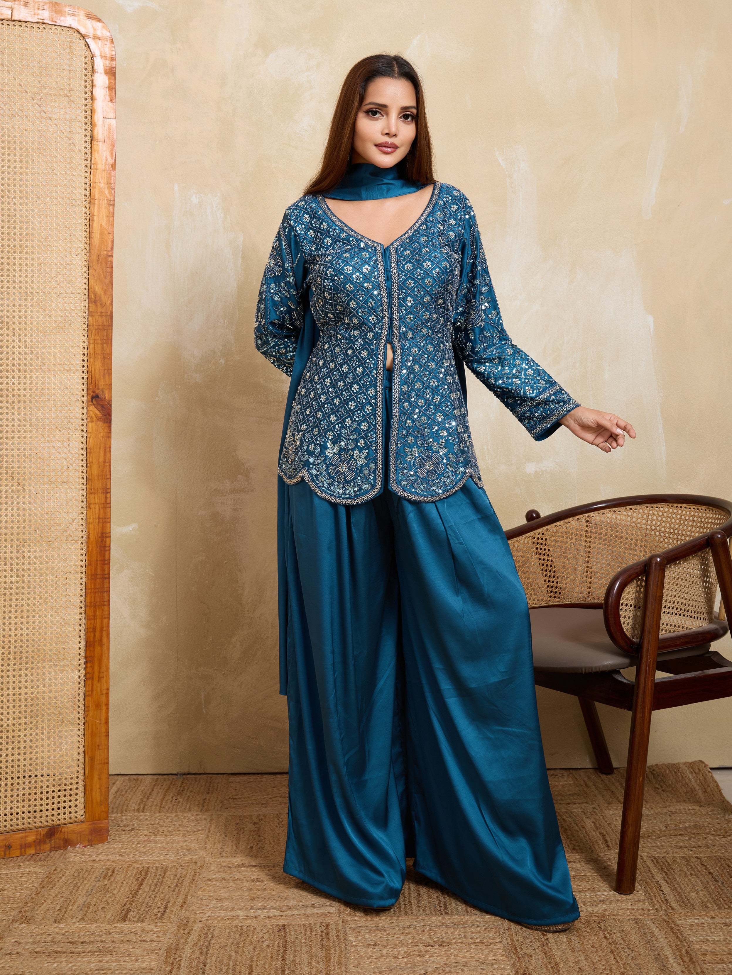 Teal Blue Embellished Satin Silk Palazzo Set