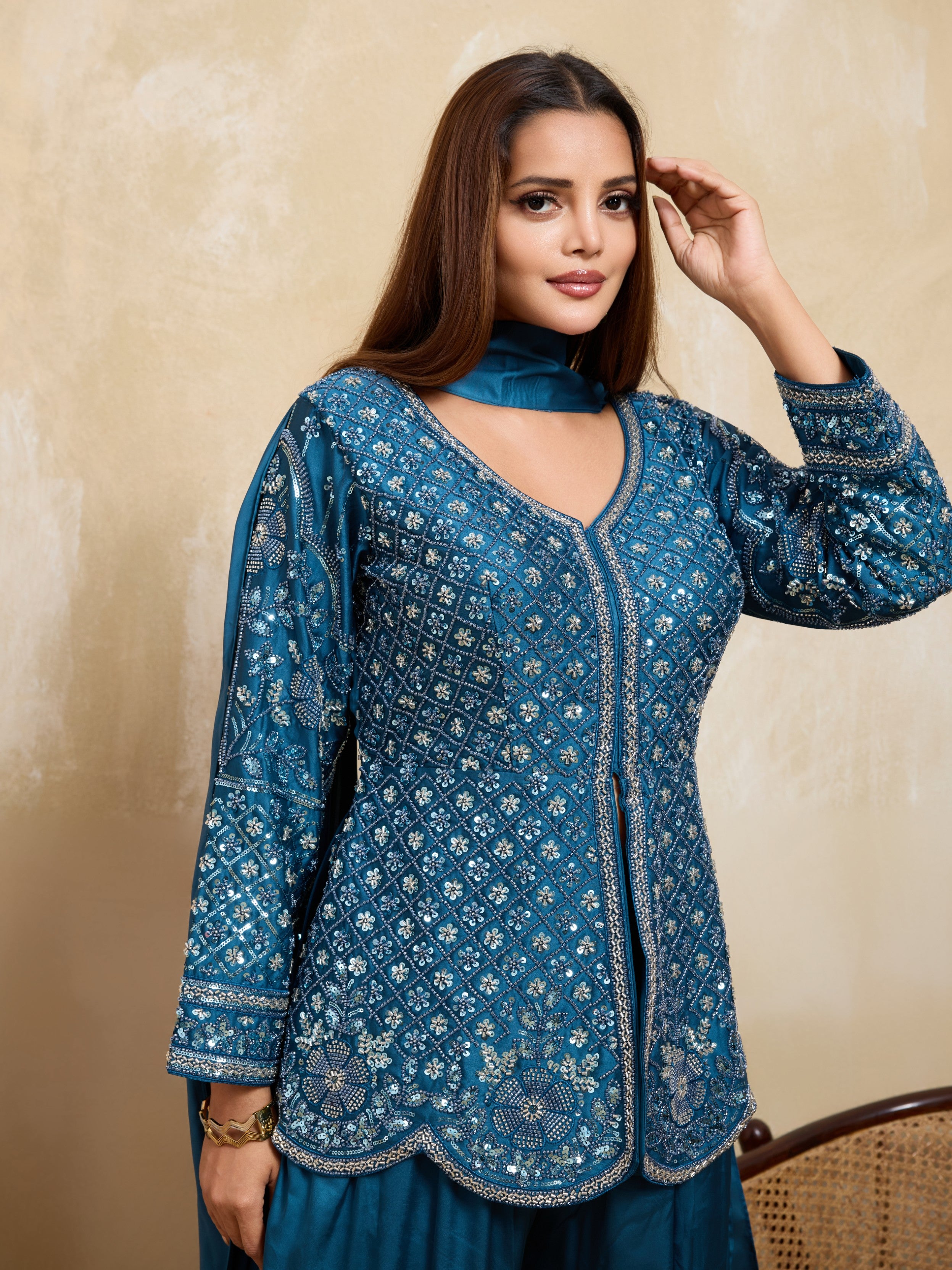 Teal Blue Embellished Satin Silk Palazzo Set