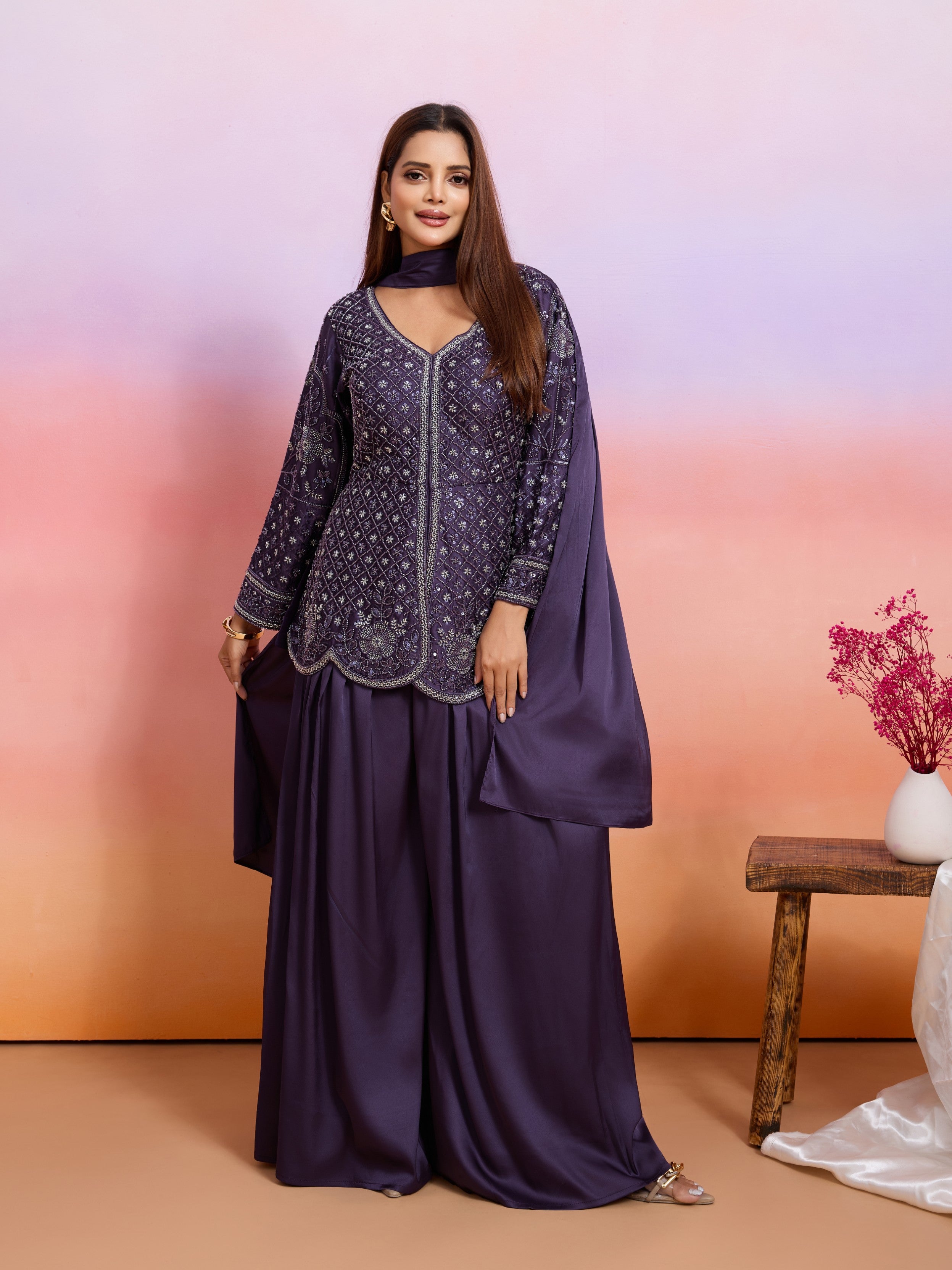 Deep Plum Embellished Satin Silk Palazzo Set