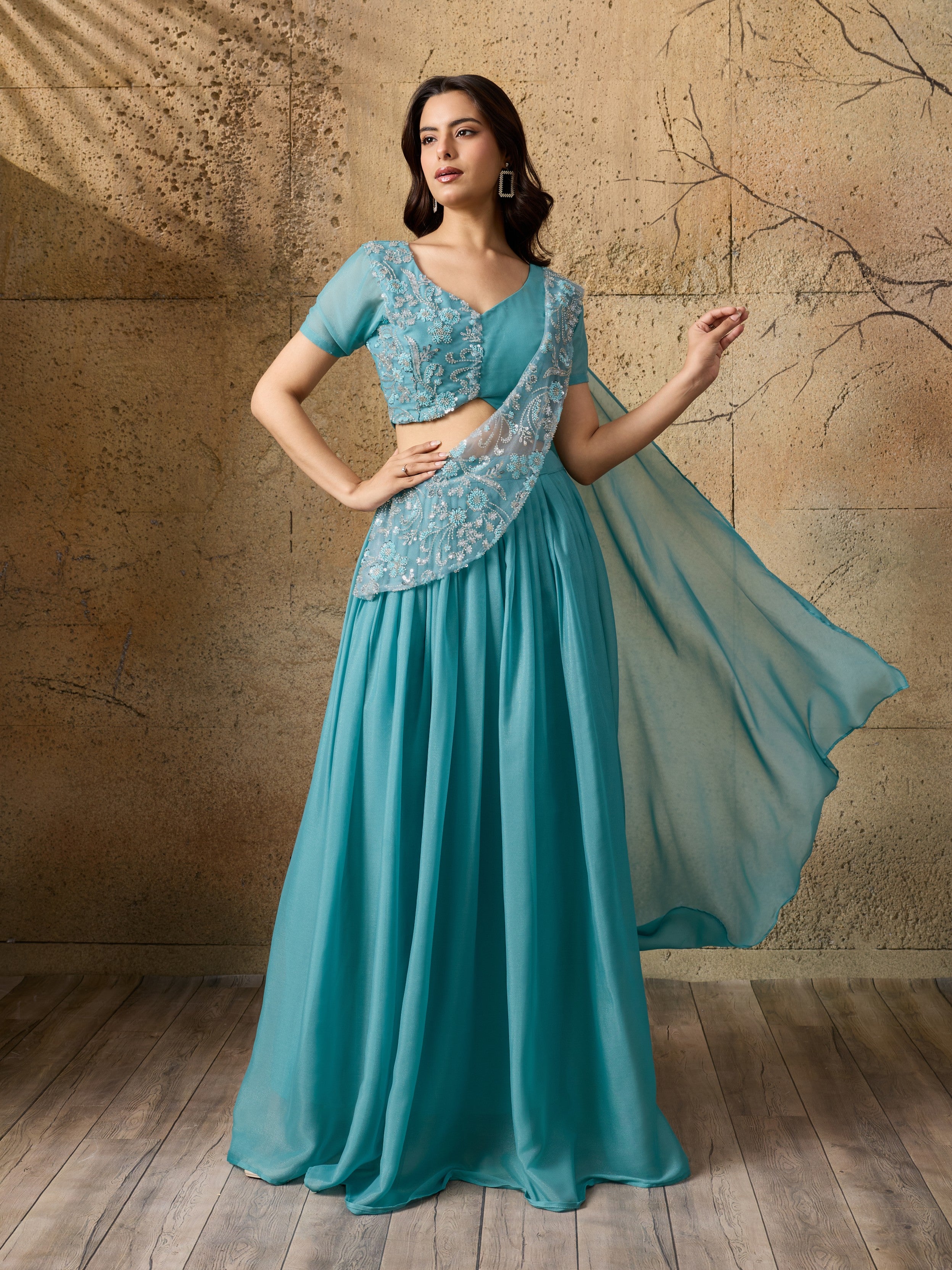 Powder Blue Embellished Shimmer Silk Skirt Set