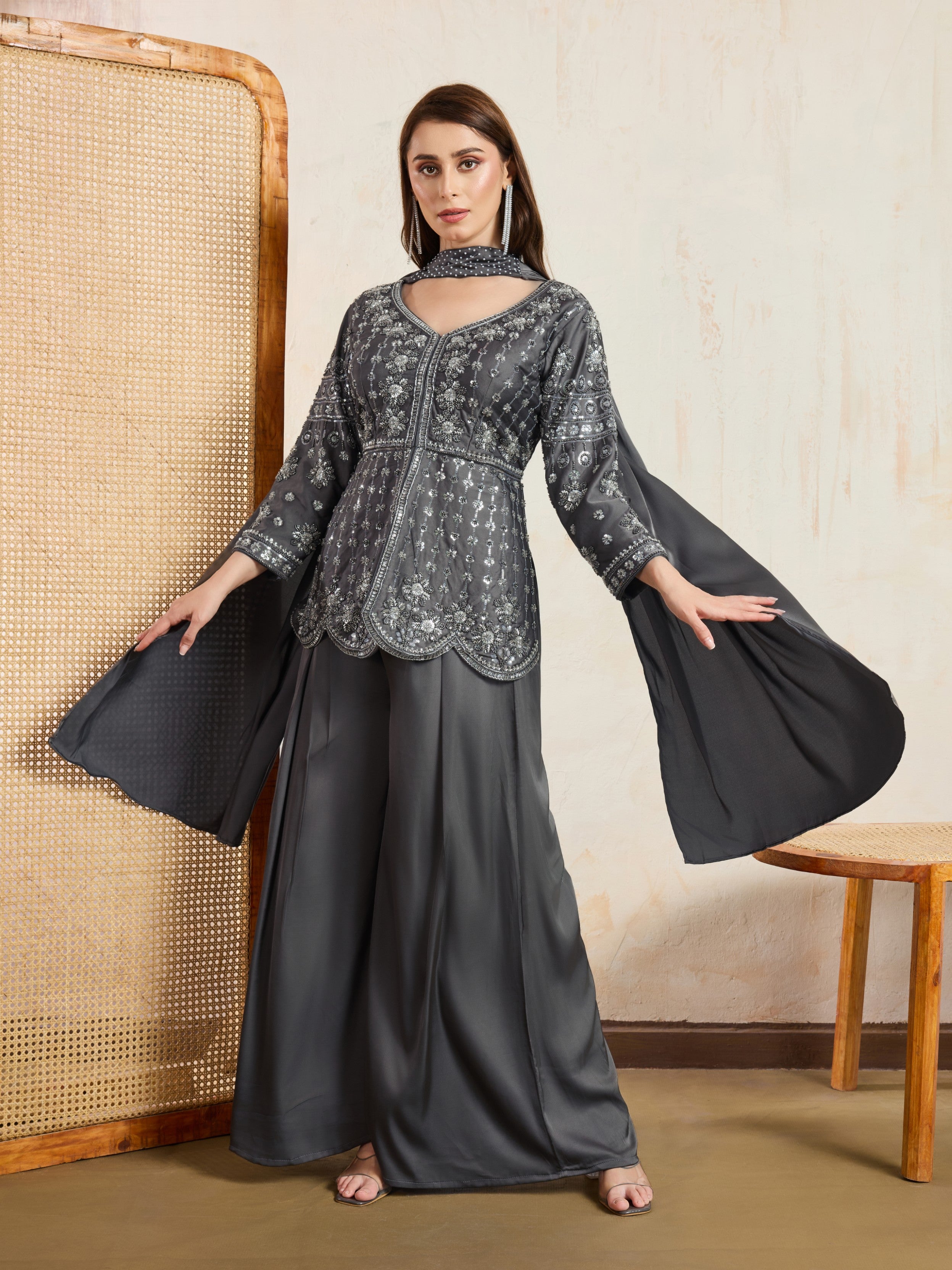 Charcoal Grey Embellished Satin Silk Palazzo Set