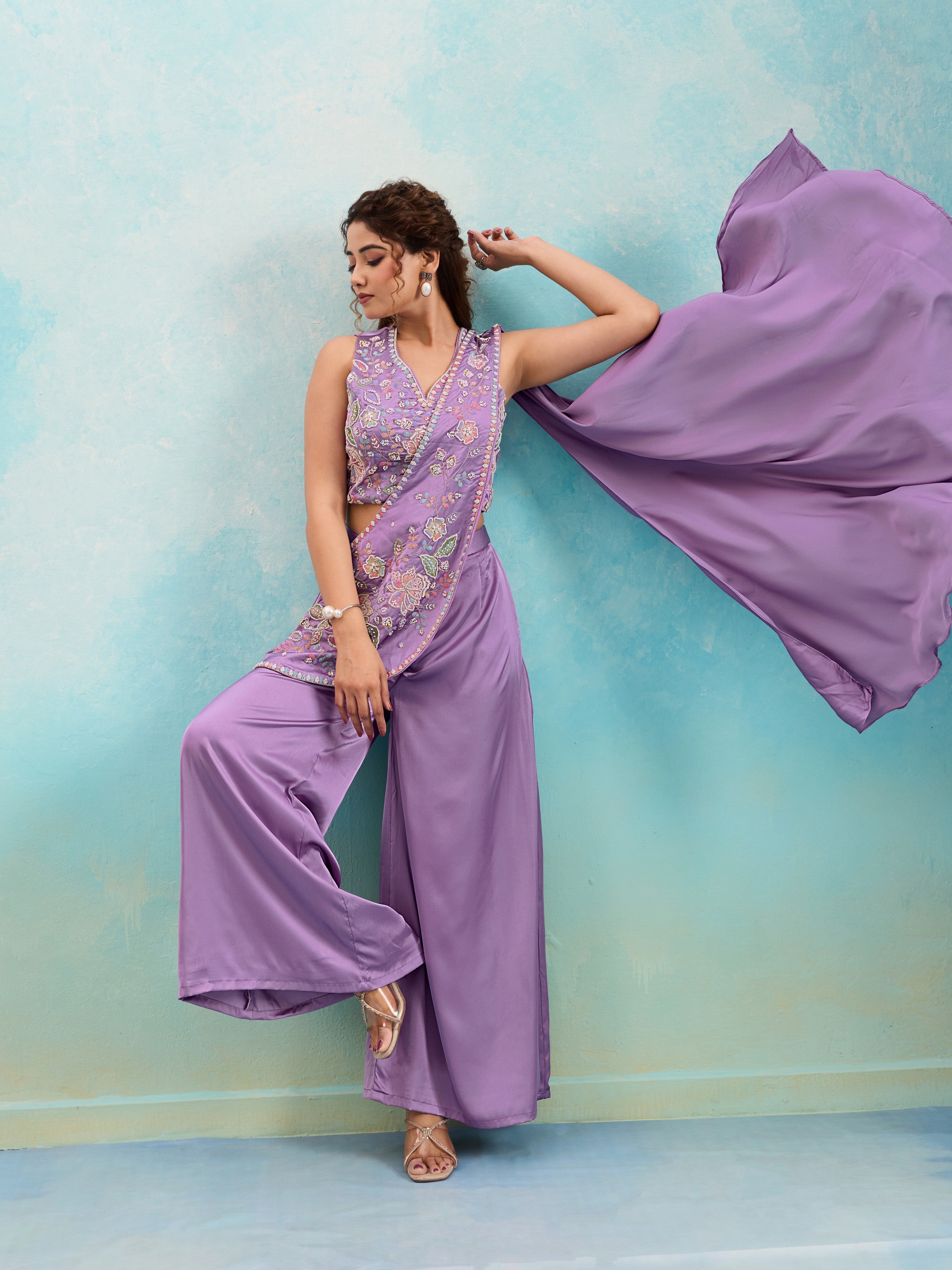 Lavender Embellished Crepe Silk Palazzo Set