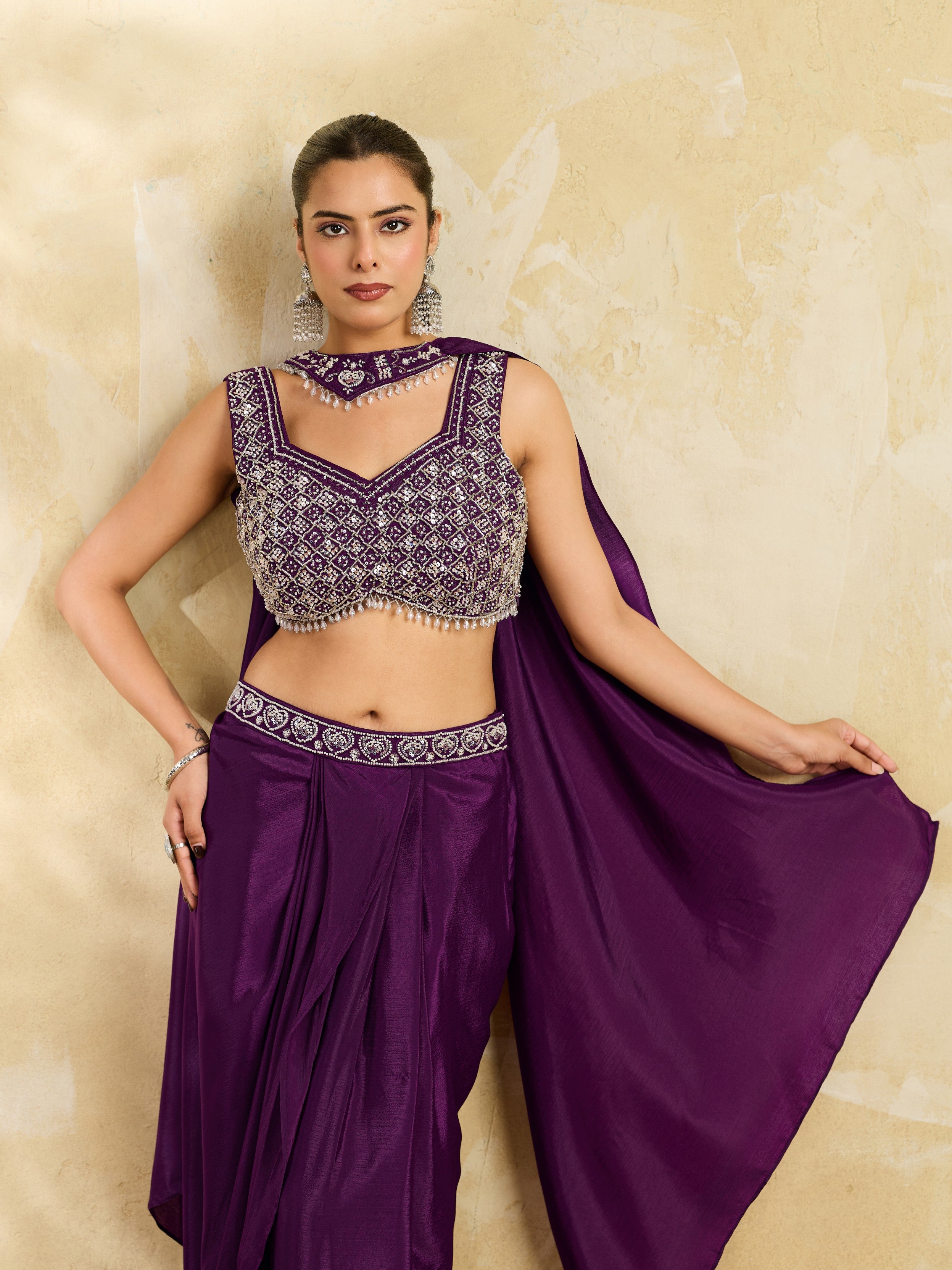 Rich Purple Embellished Chinon Silk Skirt Set