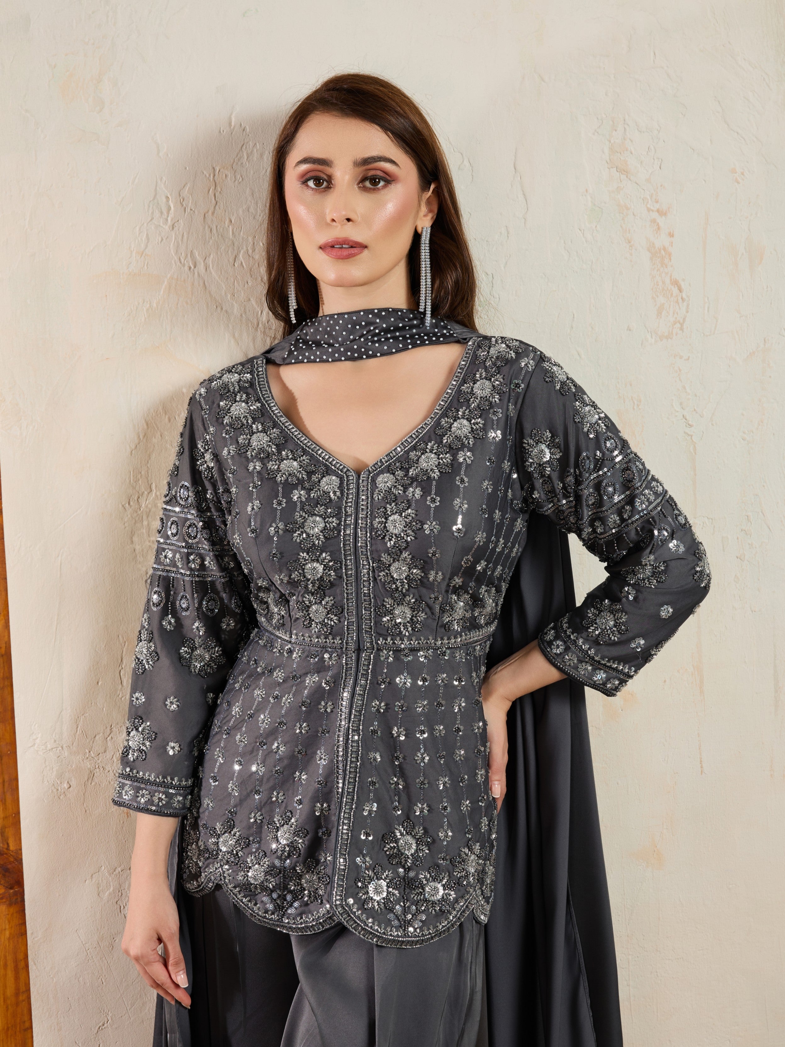 Charcoal Grey Embellished Satin Silk Palazzo Set