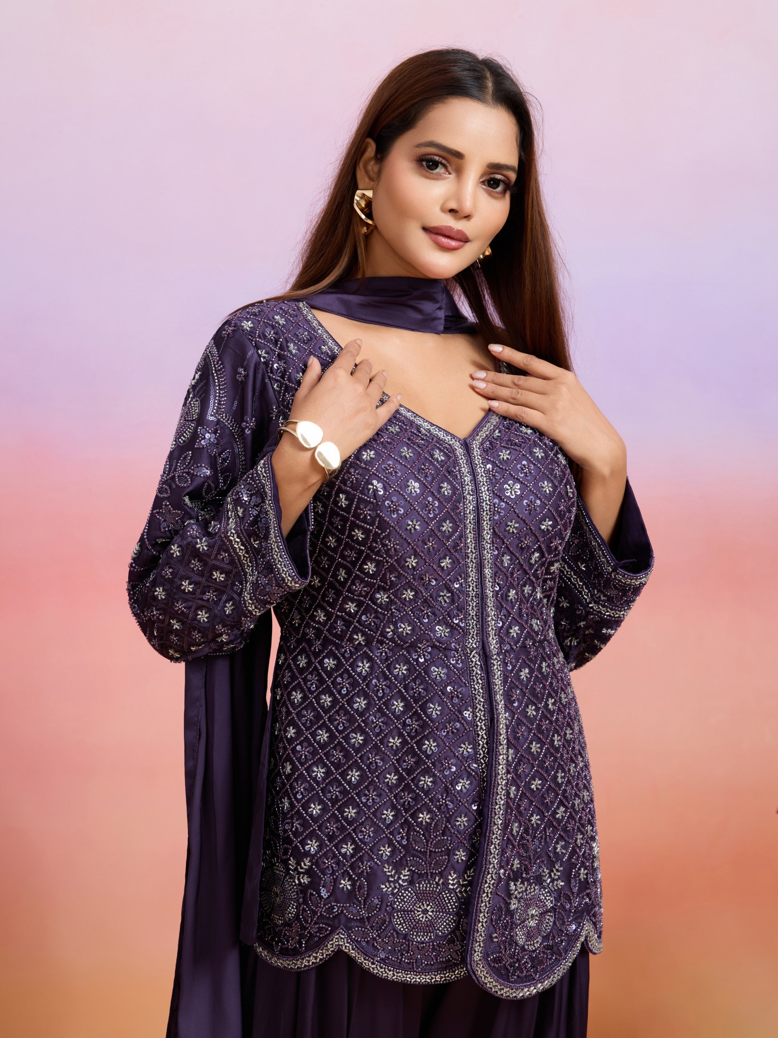 Deep Plum Embellished Satin Silk Palazzo Set
