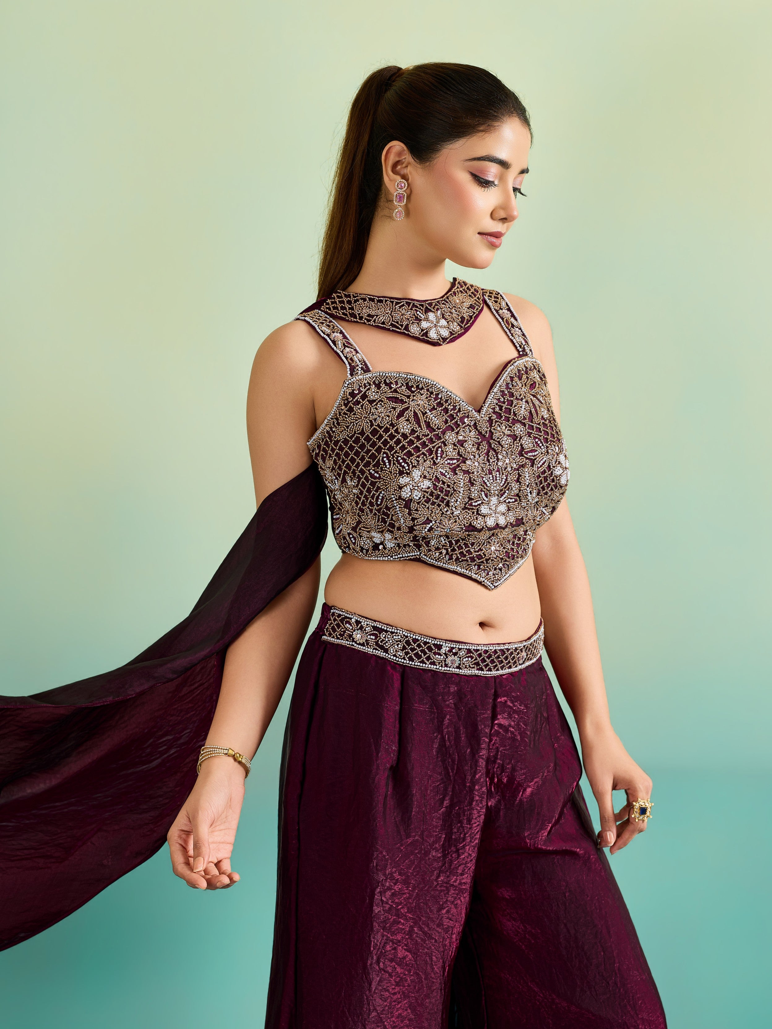 Regal Wine Embellished Organza Silk Palazzo Set