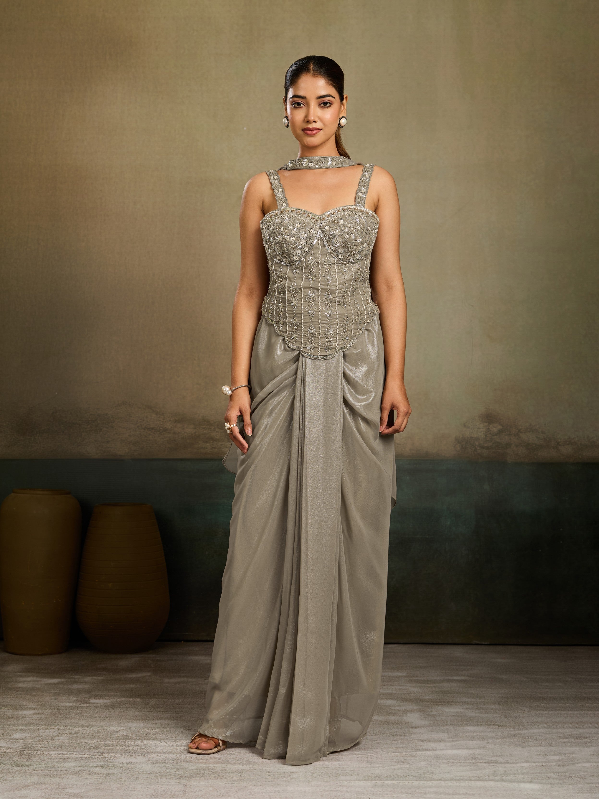 Metallic Grey Embellished Metallic Shimmer Silk Skirt Set