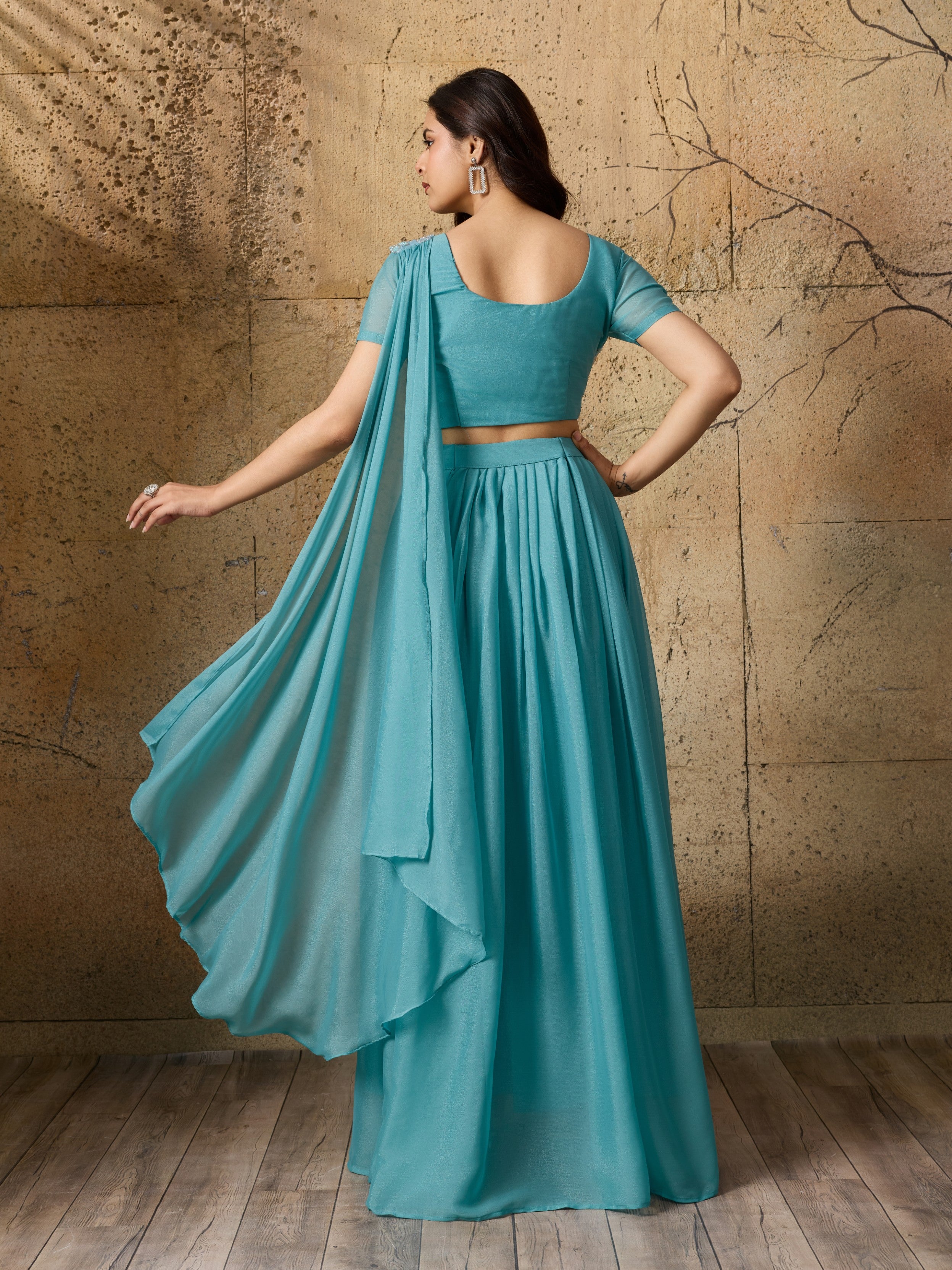 Powder Blue Embellished Shimmer Silk Skirt Set