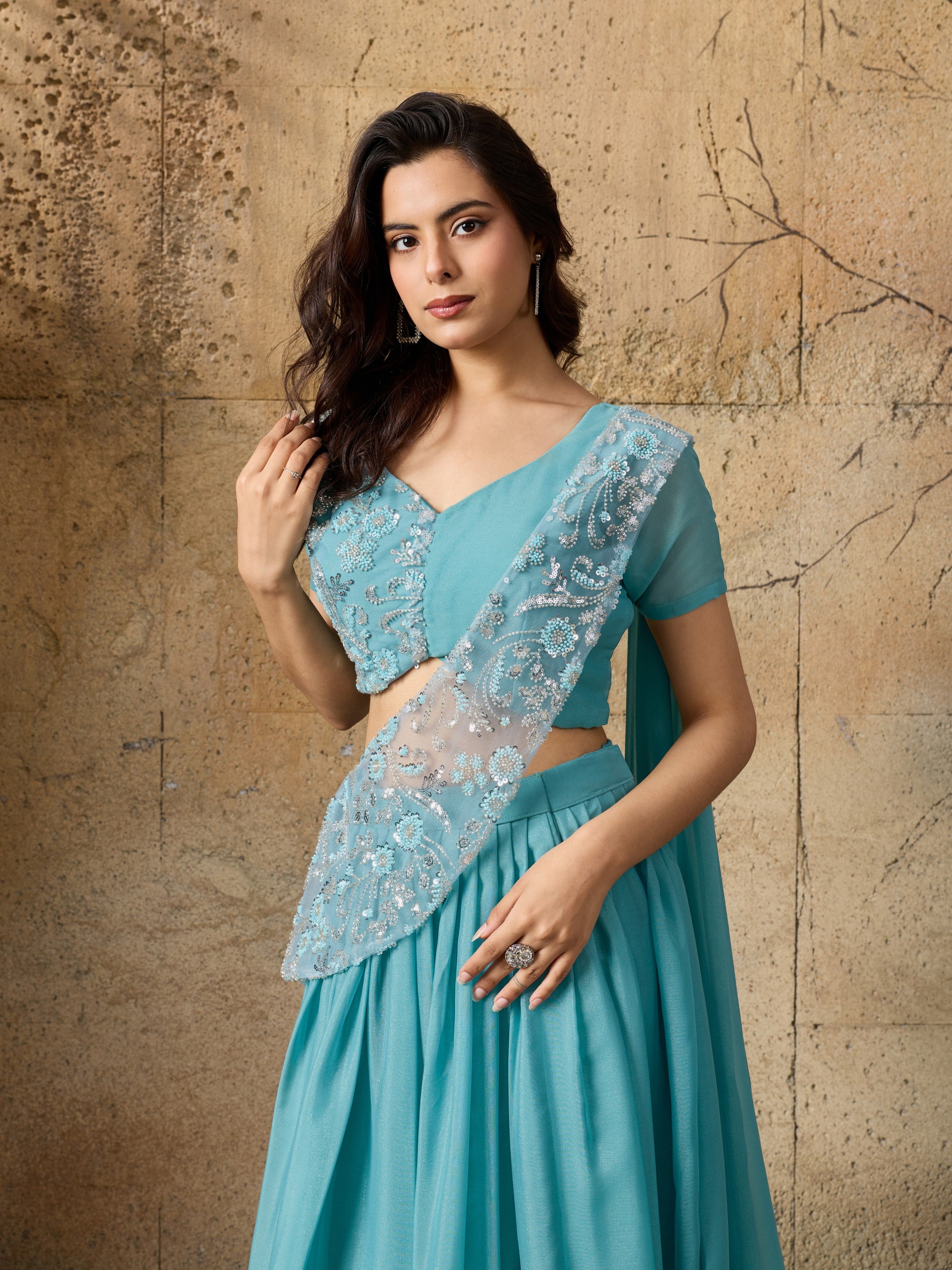 Powder Blue Embellished Shimmer Silk Skirt Set