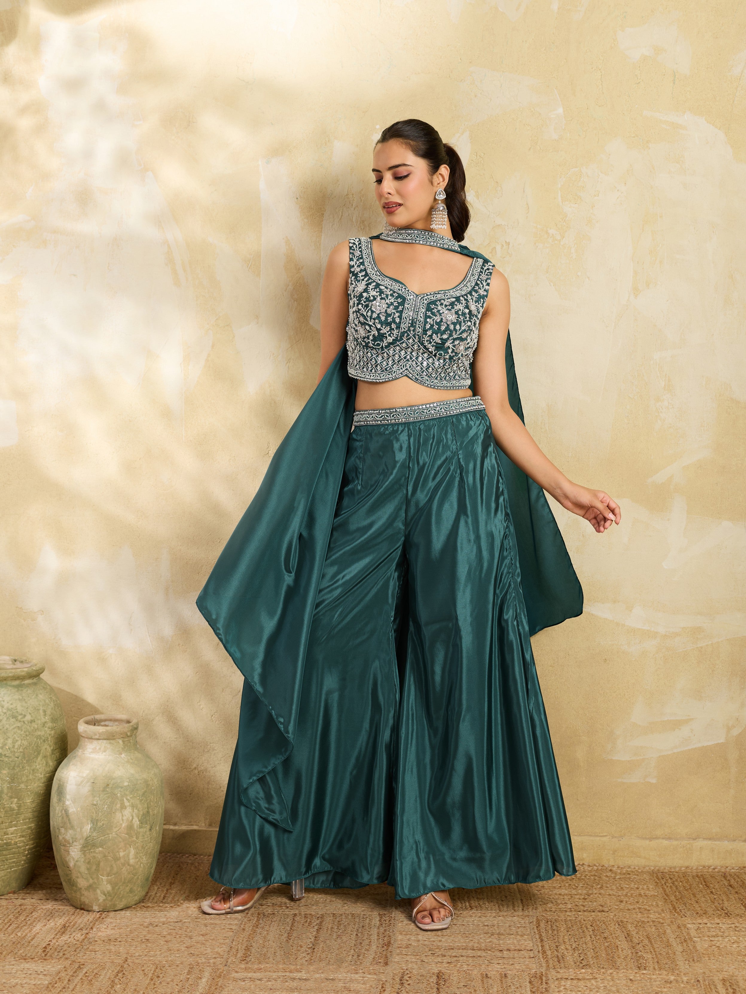 Teal Green Embellished Premium Silk Palazzo Set