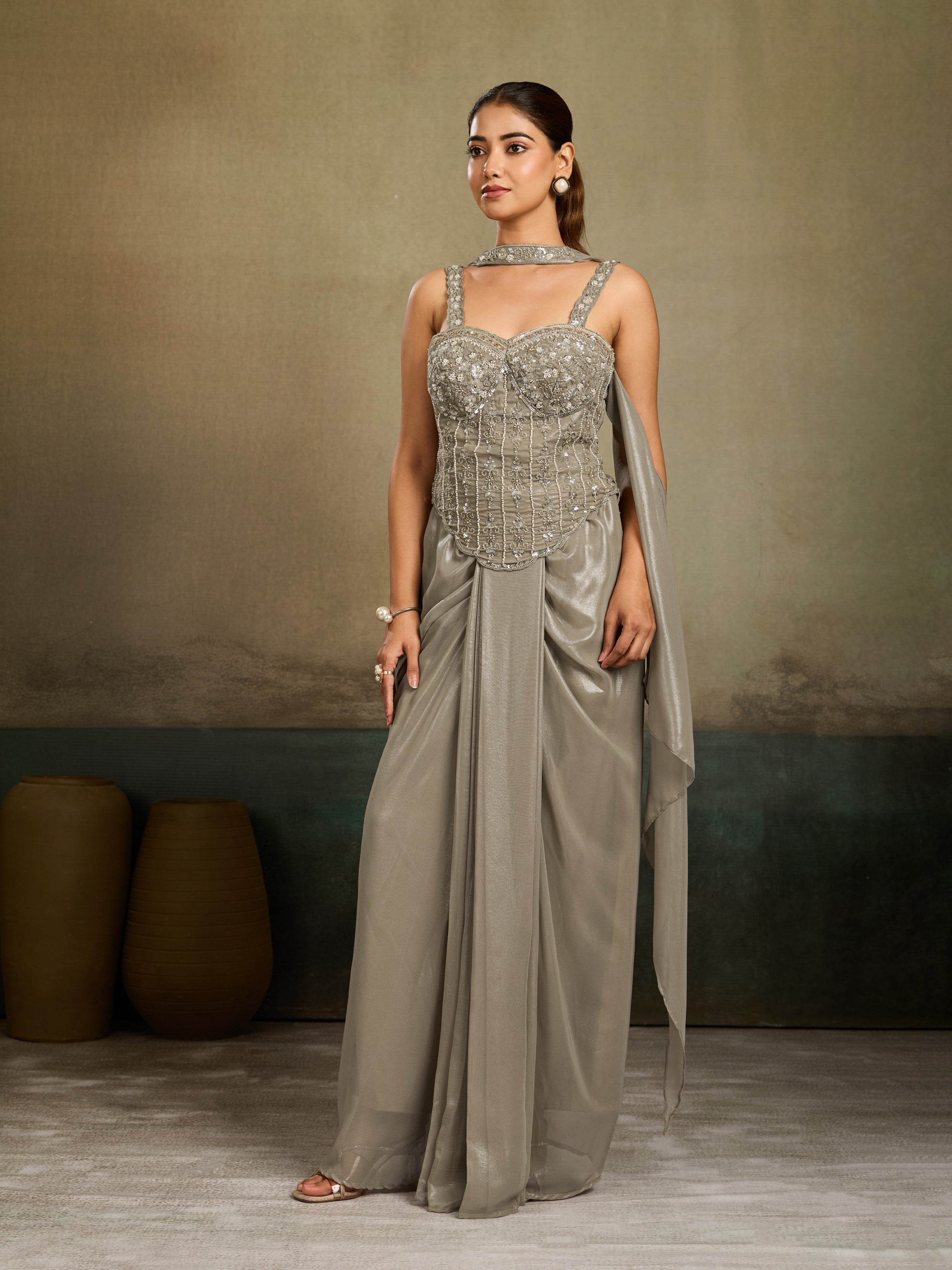 Metallic Grey Embellished Metallic Shimmer Silk Skirt Set