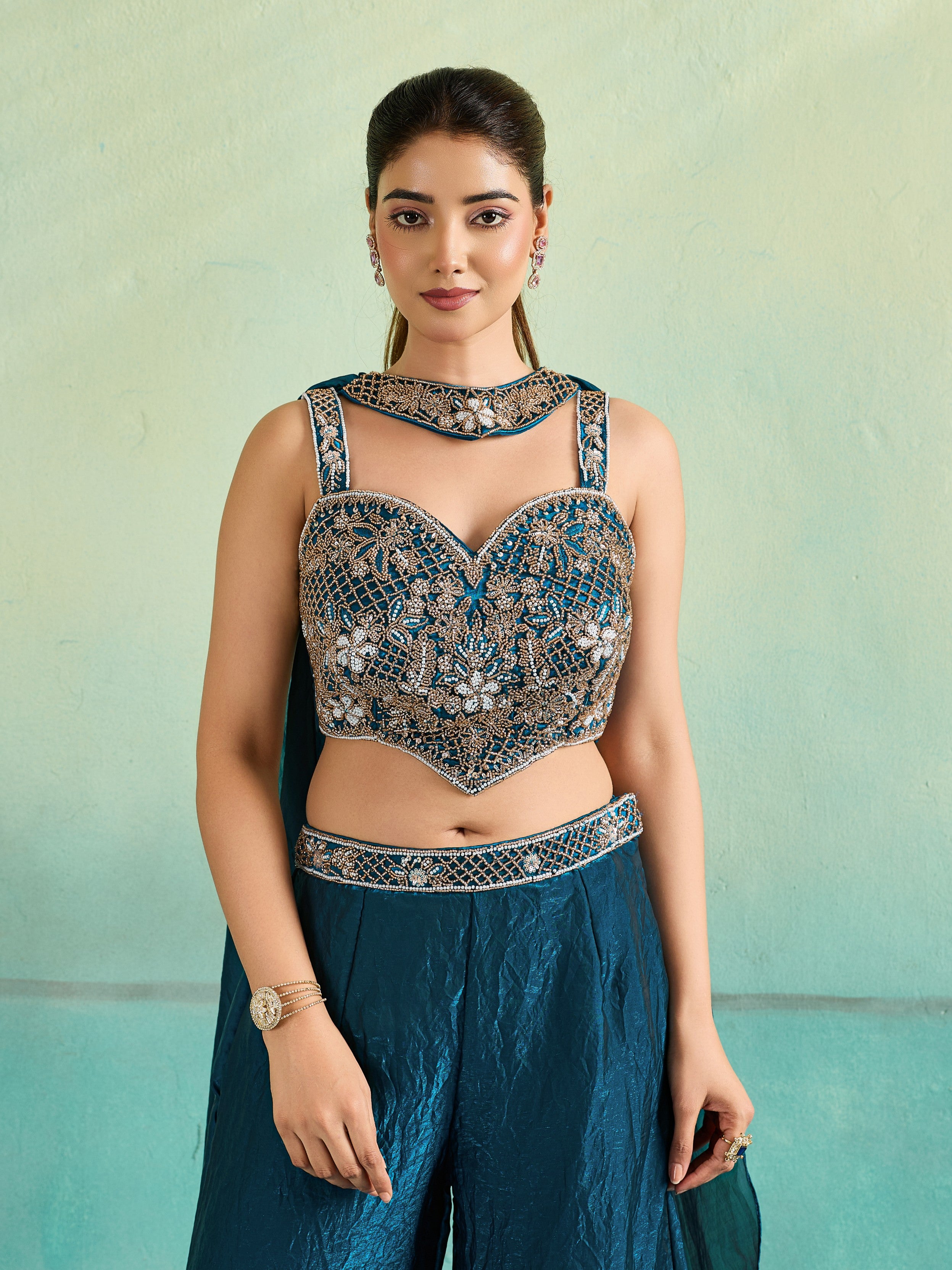 Teal Embellished Organza Silk Palazzo Set