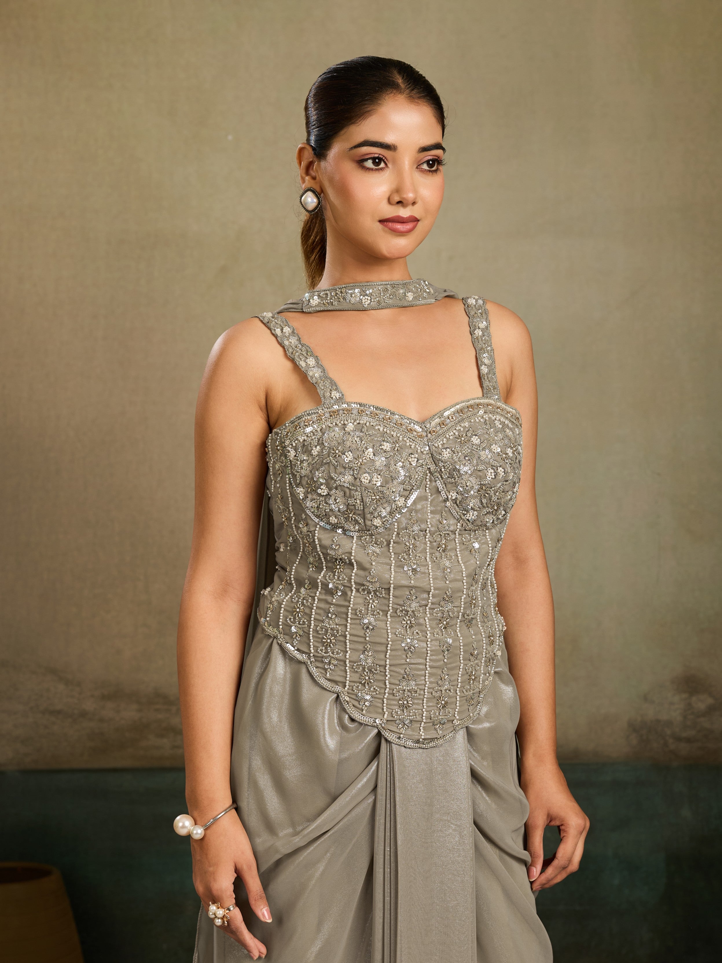 Metallic Grey Embellished Metallic Shimmer Silk Skirt Set