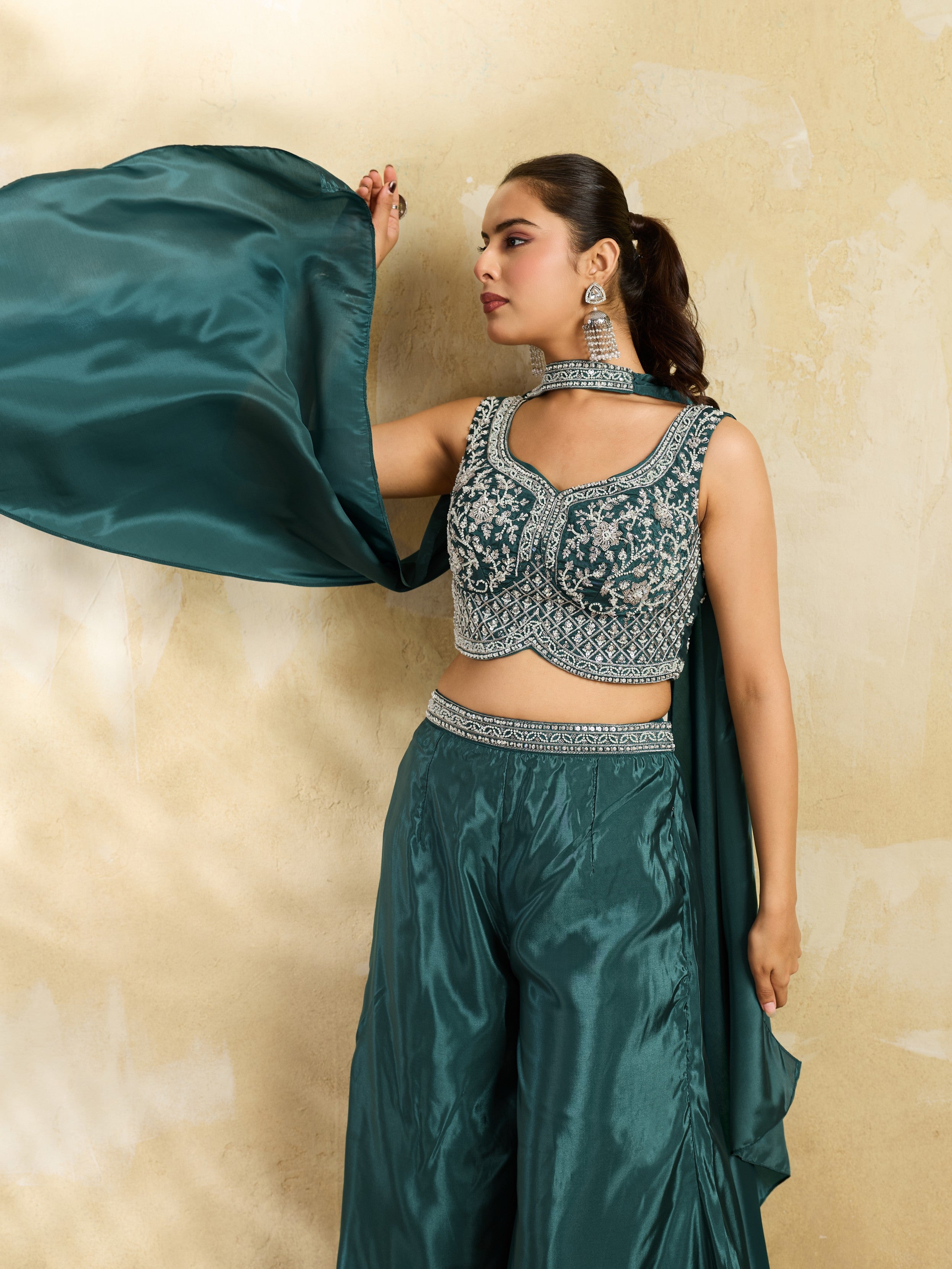 Teal Green Embellished Premium Silk Palazzo Set