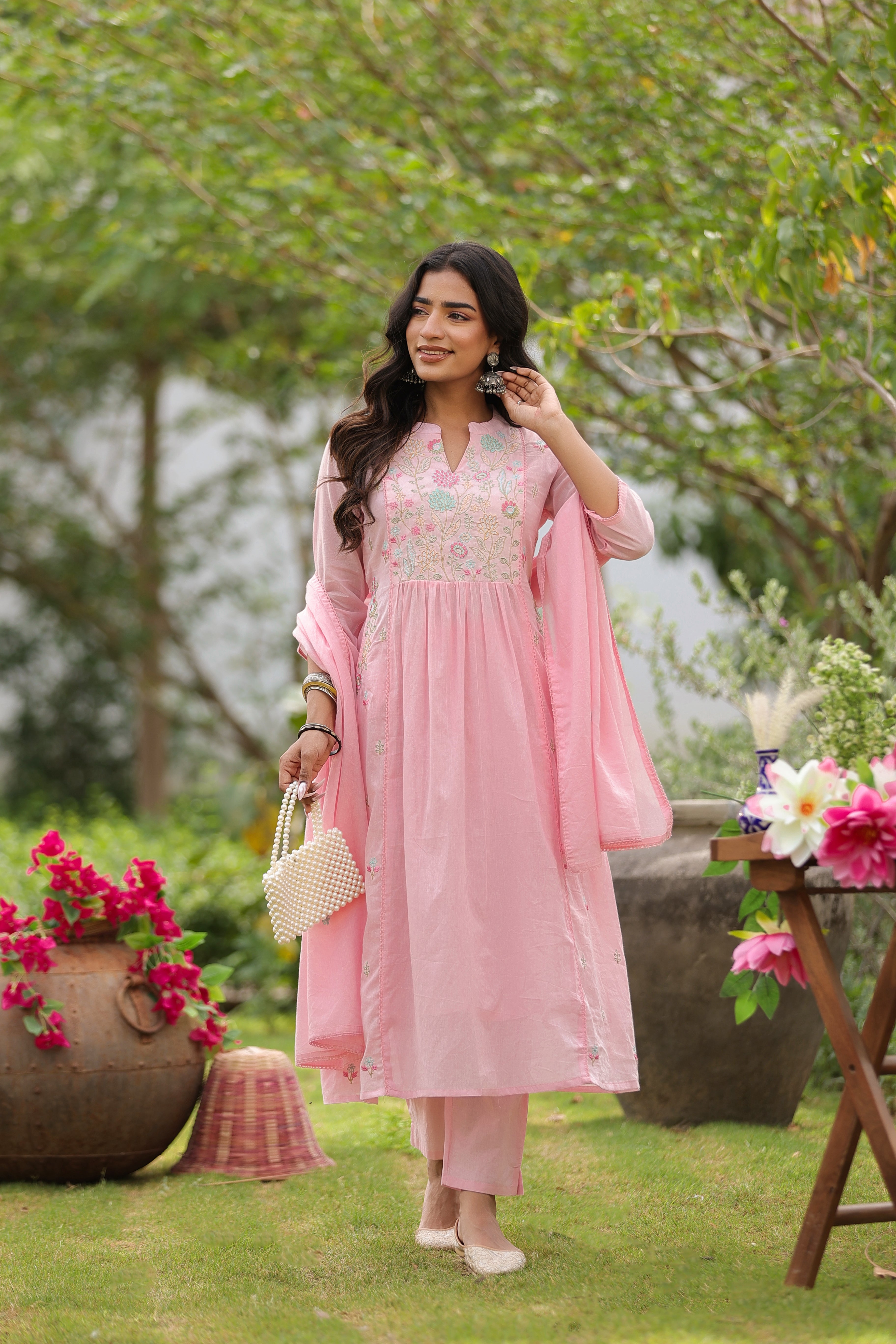 Blush Floral Embroidered Mul Cotton Anarkali Set