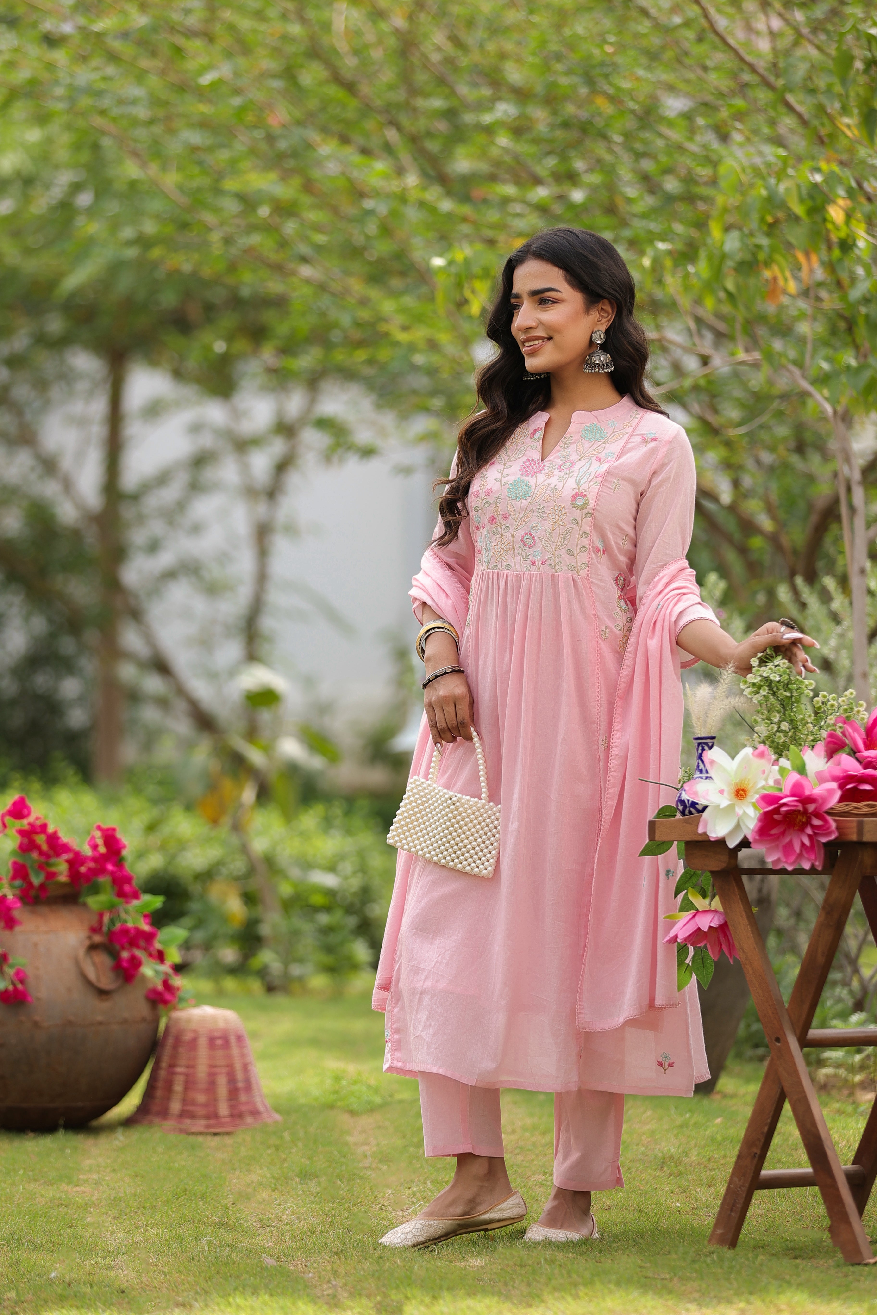 Blush Floral Embroidered Mul Cotton Anarkali Set