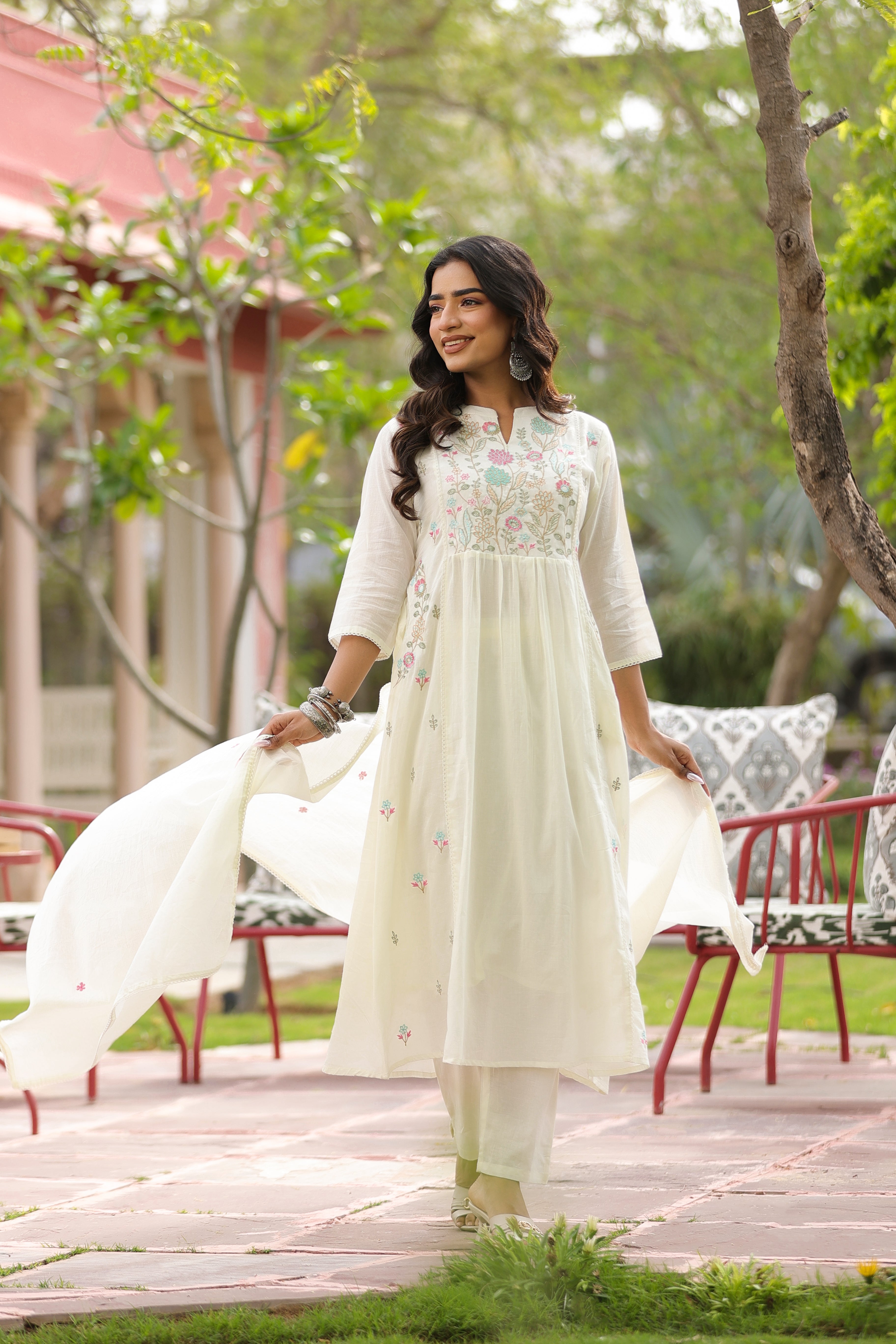 Ivory Floral Embroidered Mul Cotton Anarkali Set