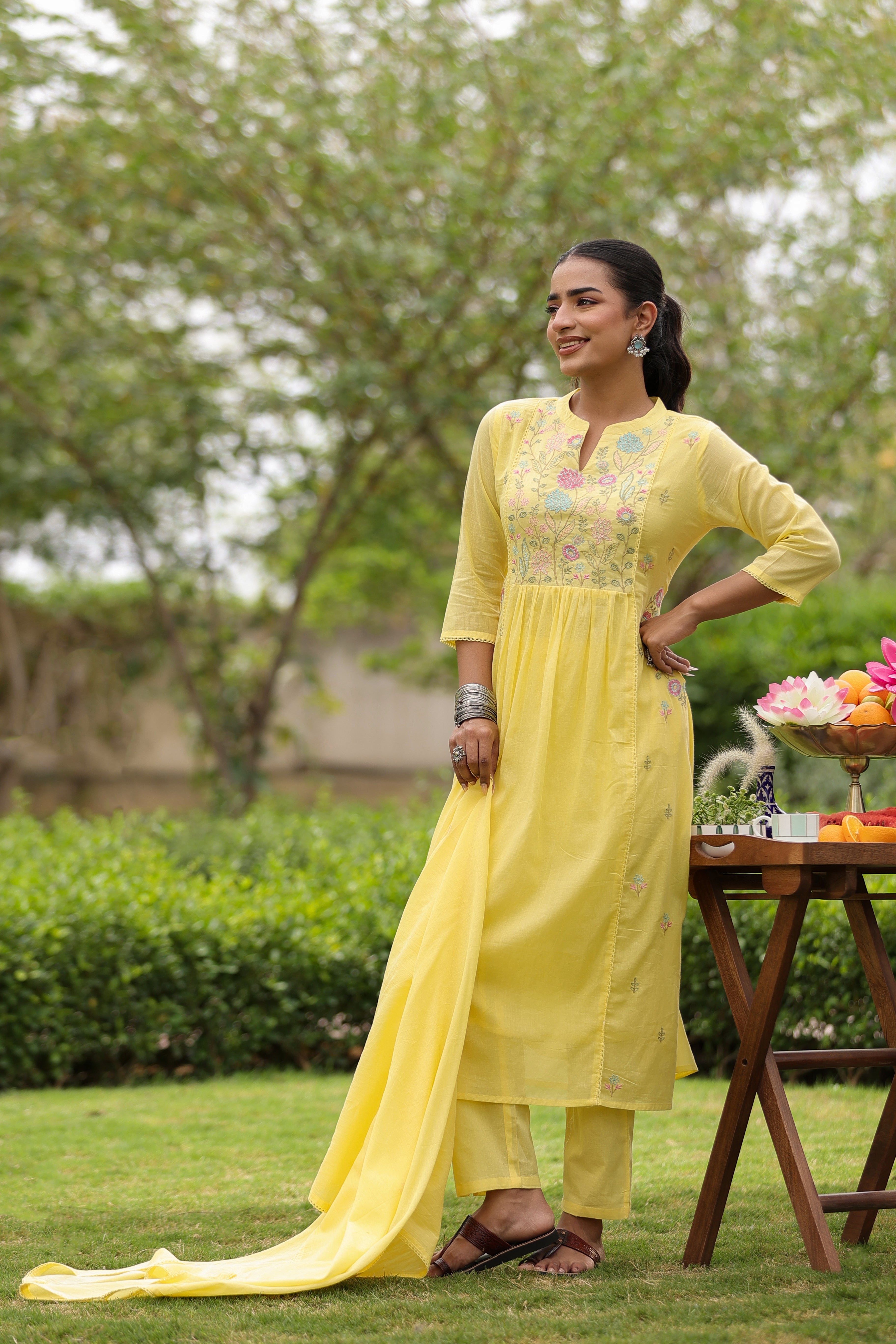 Yellow Floral Embroidered Mul Cotton Anarkali Set