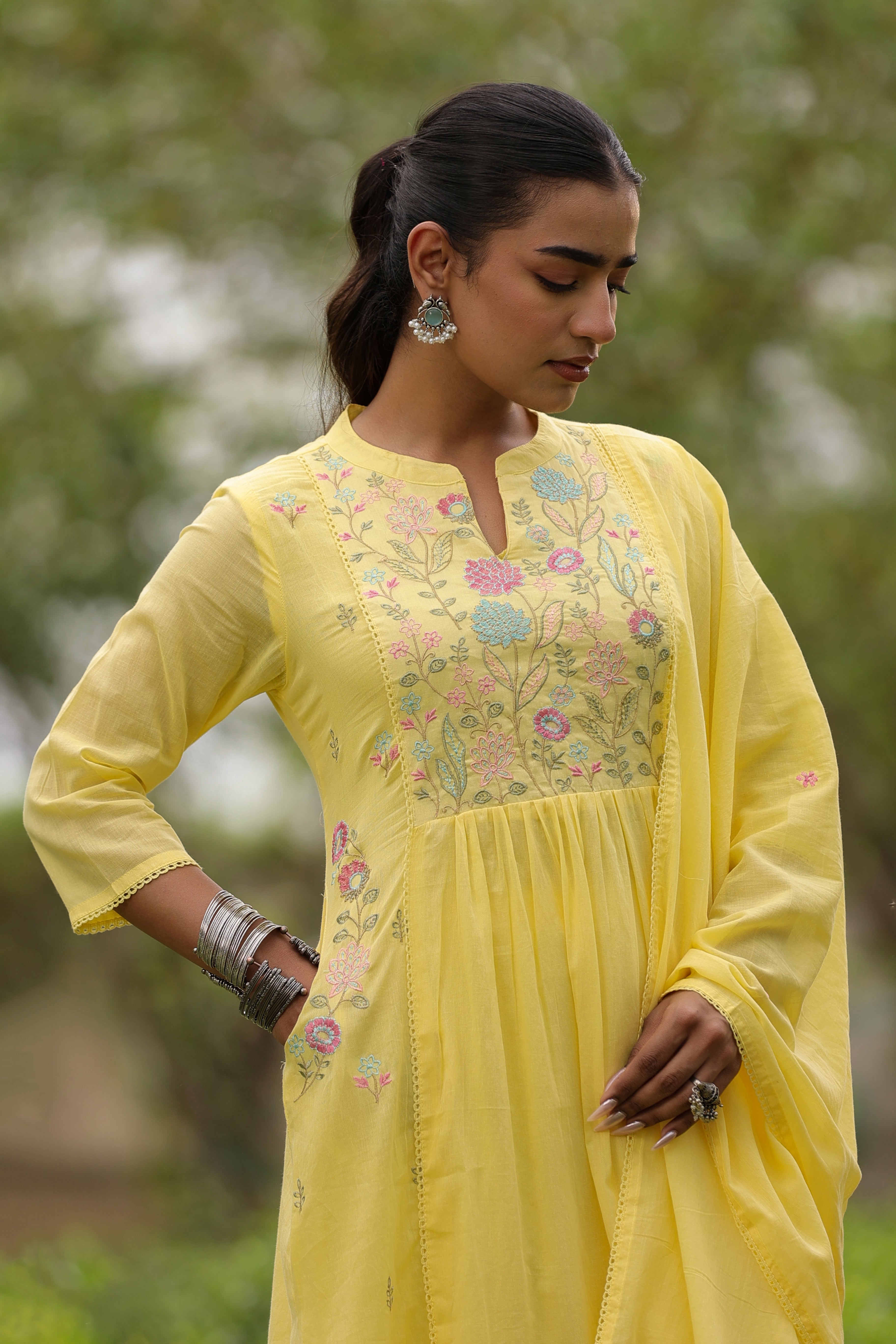 Yellow Floral Embroidered Mul Cotton Anarkali Set