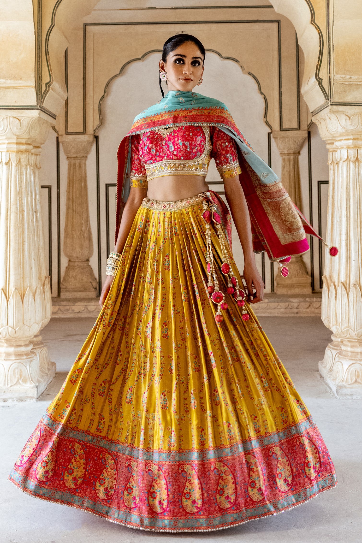 Festive Yellow Handwork Satin Silk Lehenga Set