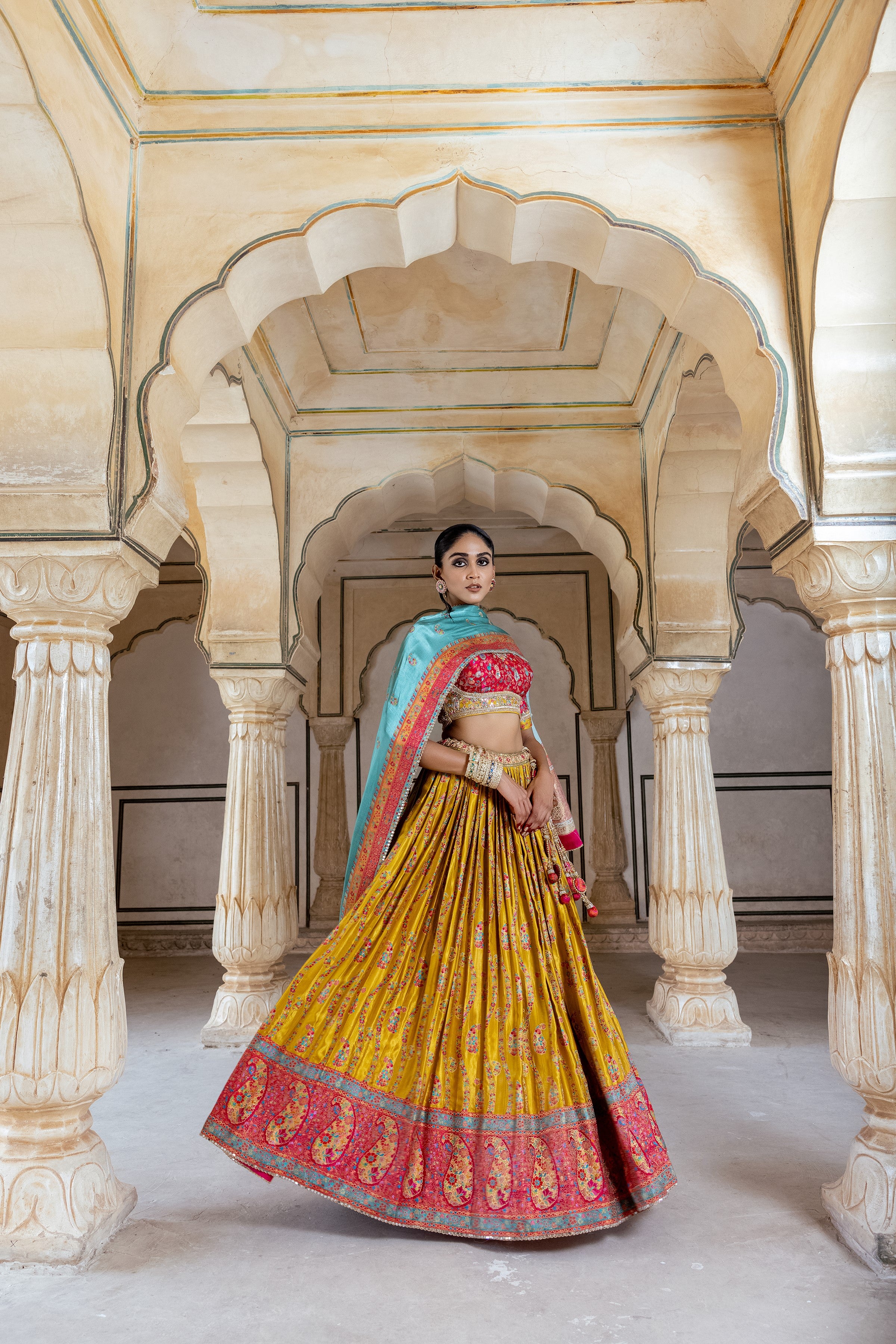 Festive Yellow Handwork Satin Silk Lehenga Set