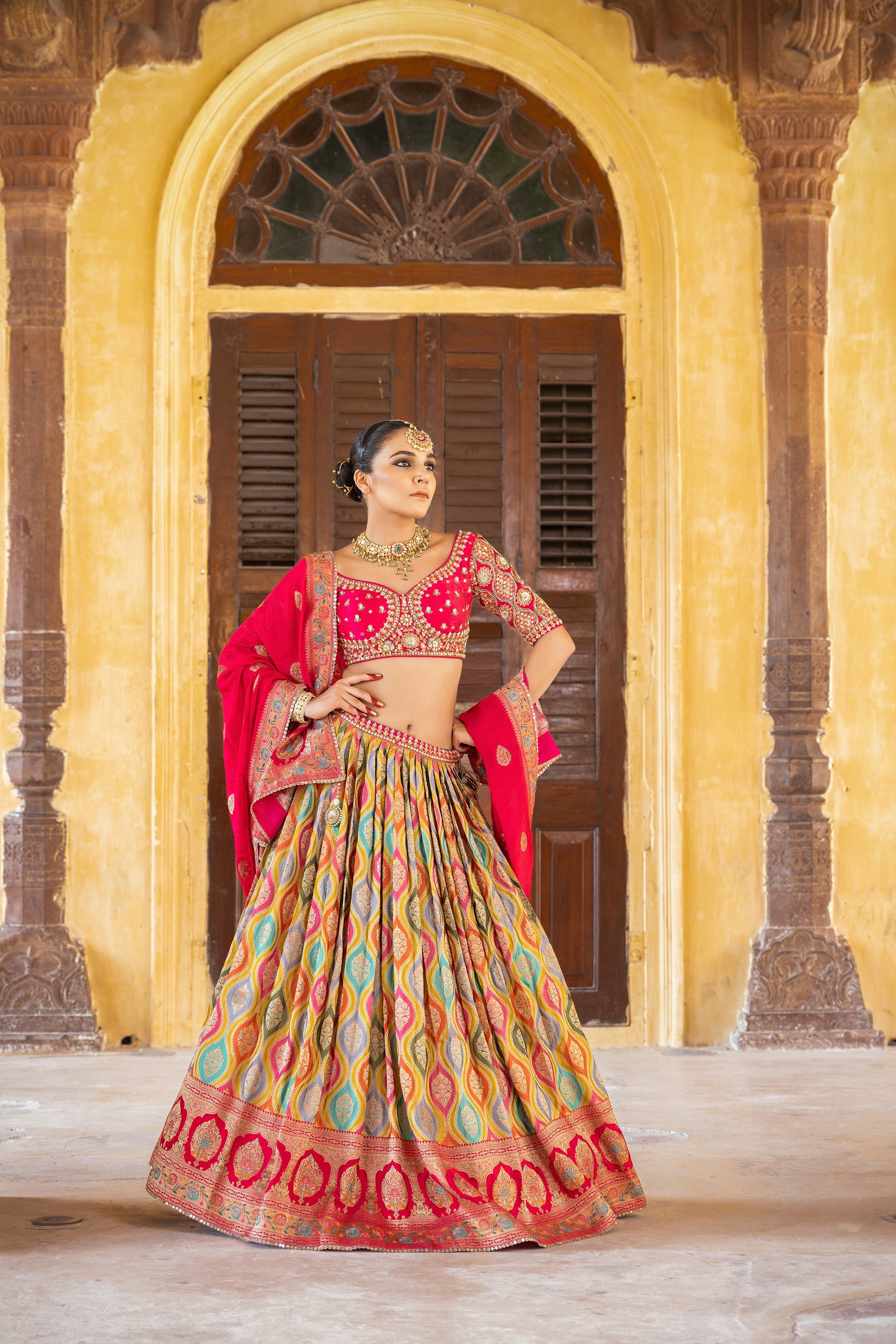 Red Embellished Satin Silk Lehenga Set