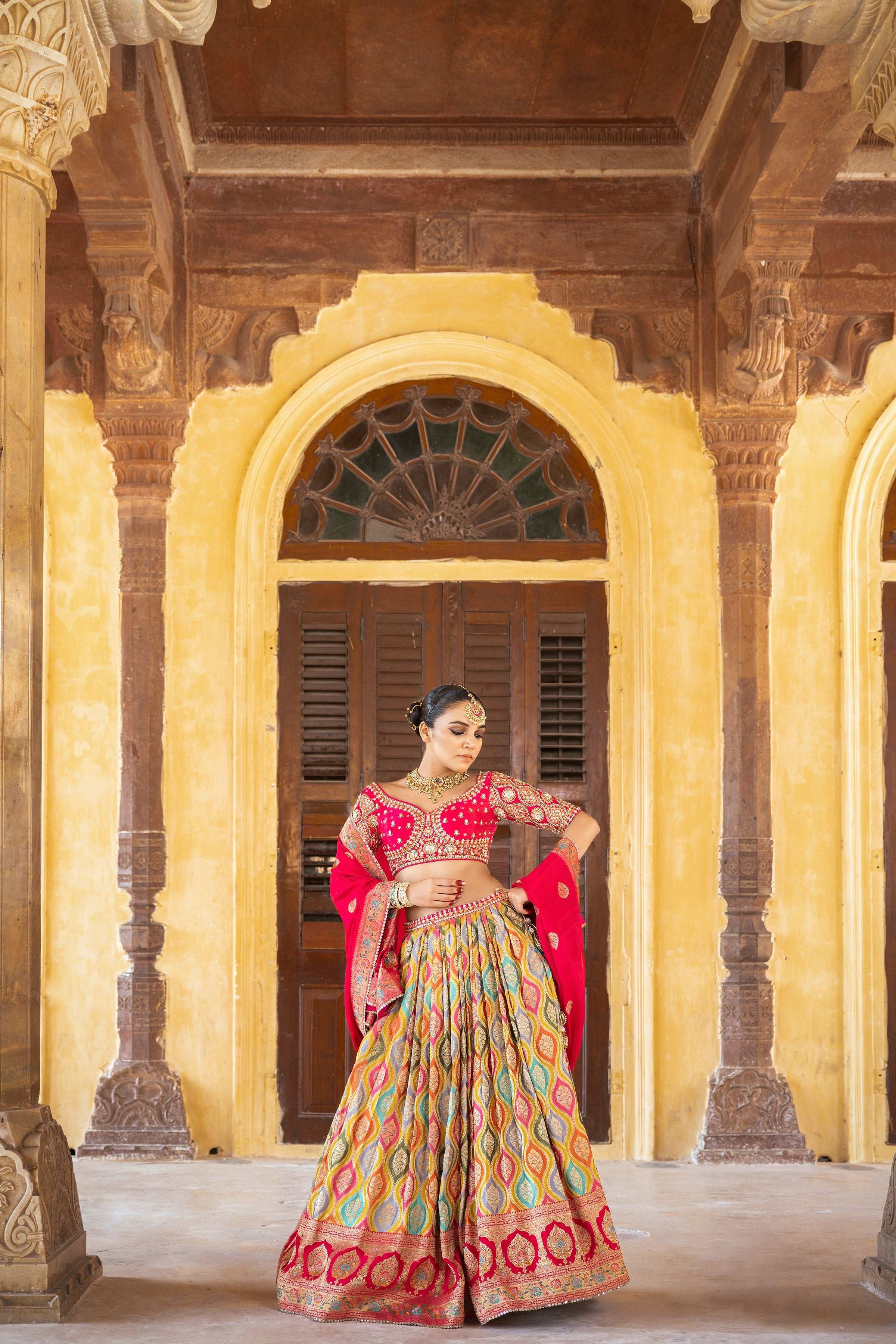 Red Embellished Satin Silk Lehenga Set