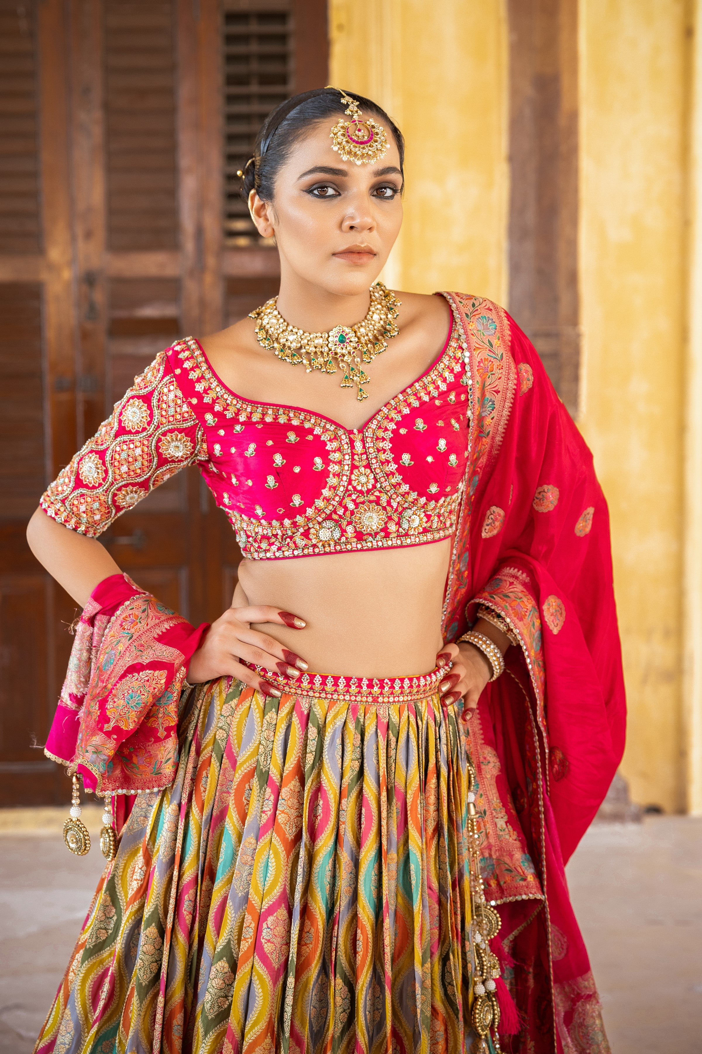 Red Embellished Satin Silk Lehenga Set