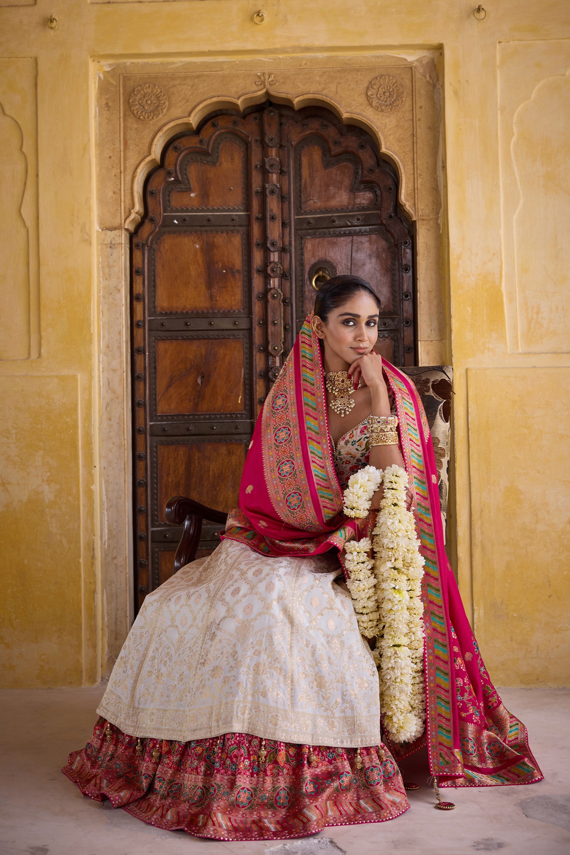 White Handwork Satin Silk Lehenga Set