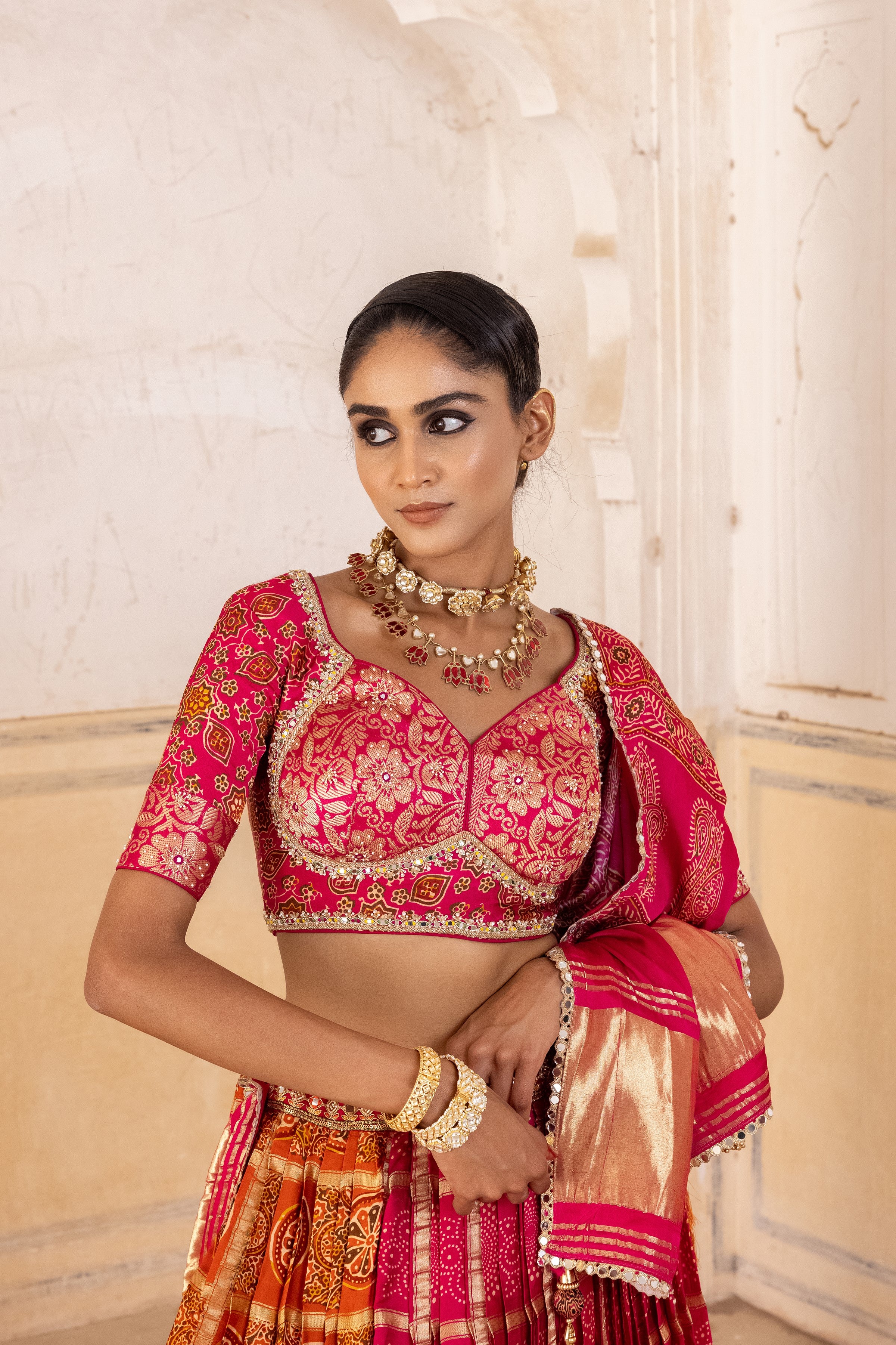 Multicolour Handwork Satin Silk Lehenga Set