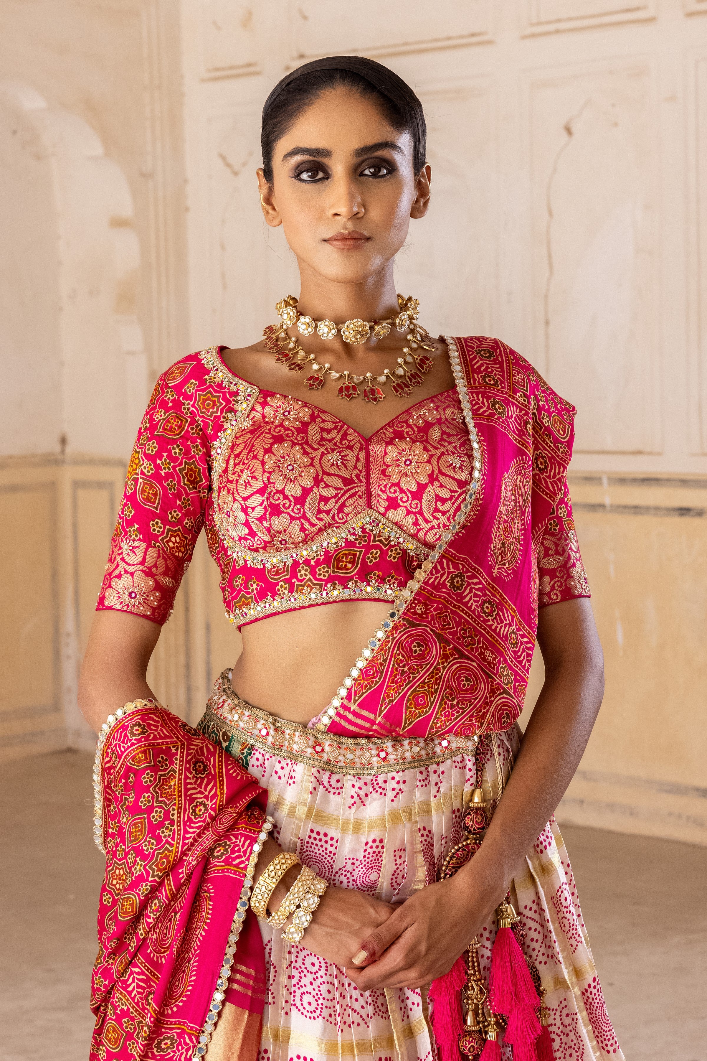 Multicolour Handwork Satin Silk Lehenga Set