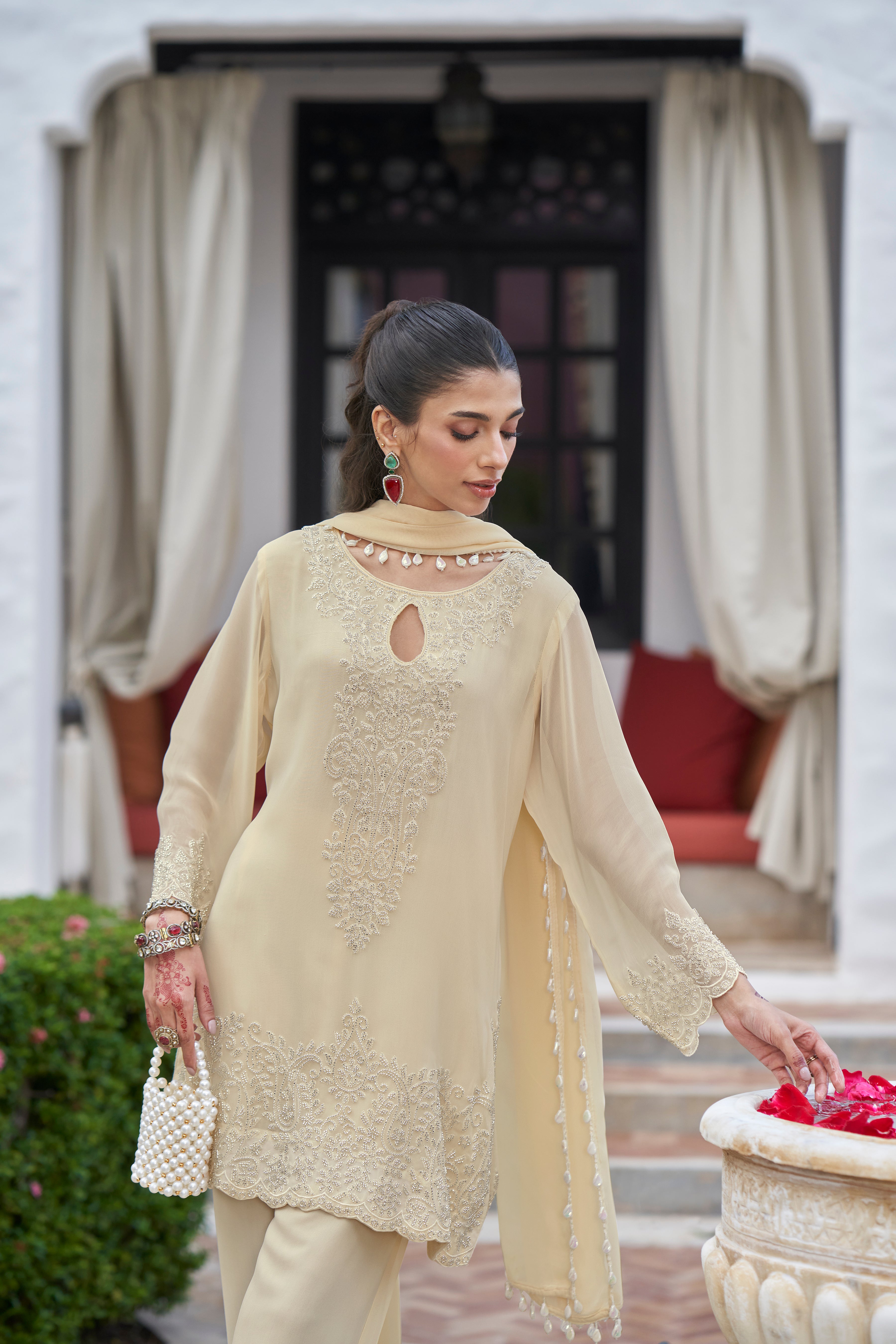 Butter Cream Embellished Georgette Silk Palazzo Set