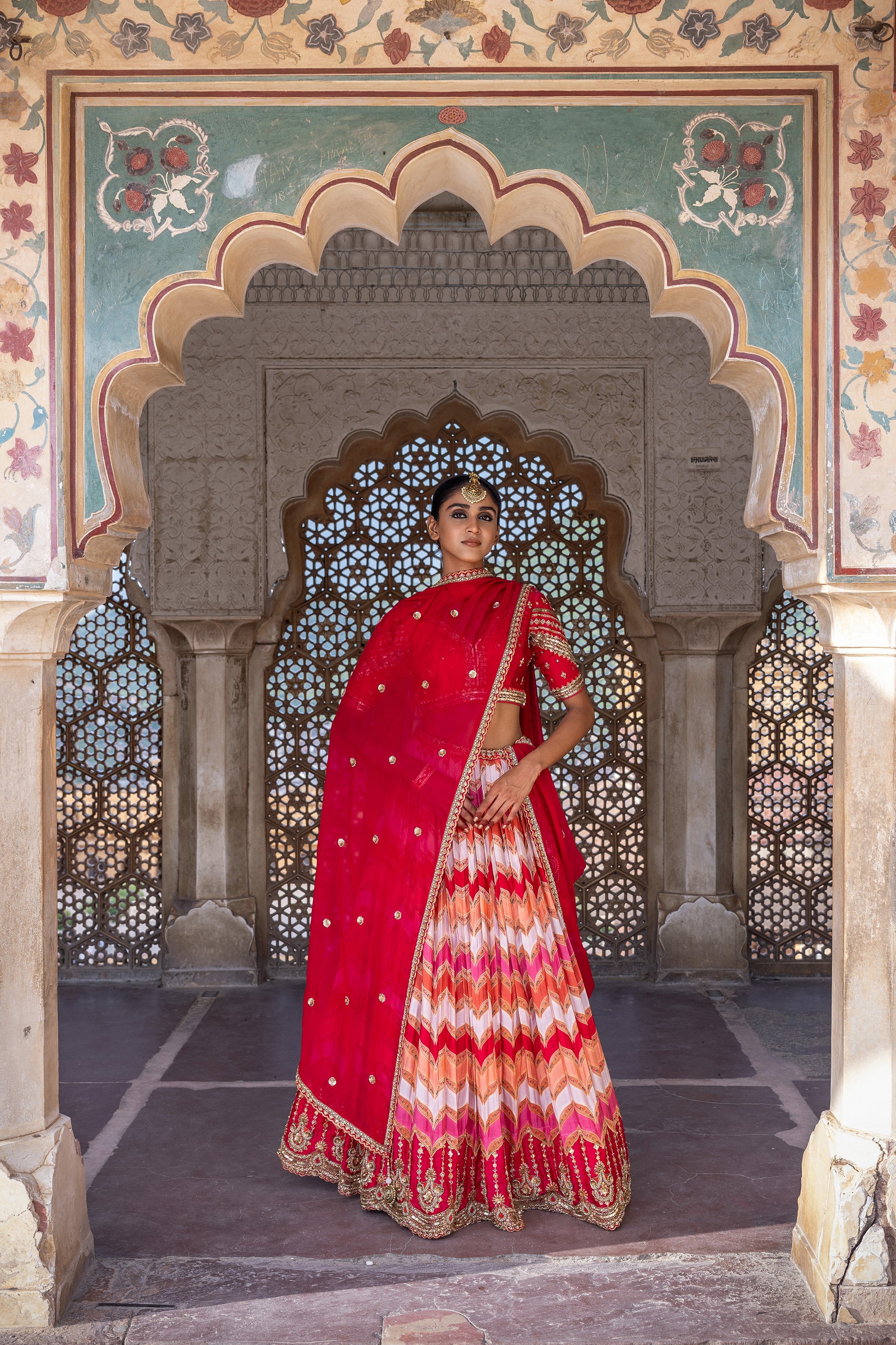 Ceremonial Red Embellished Satin Silk Lehenga Set