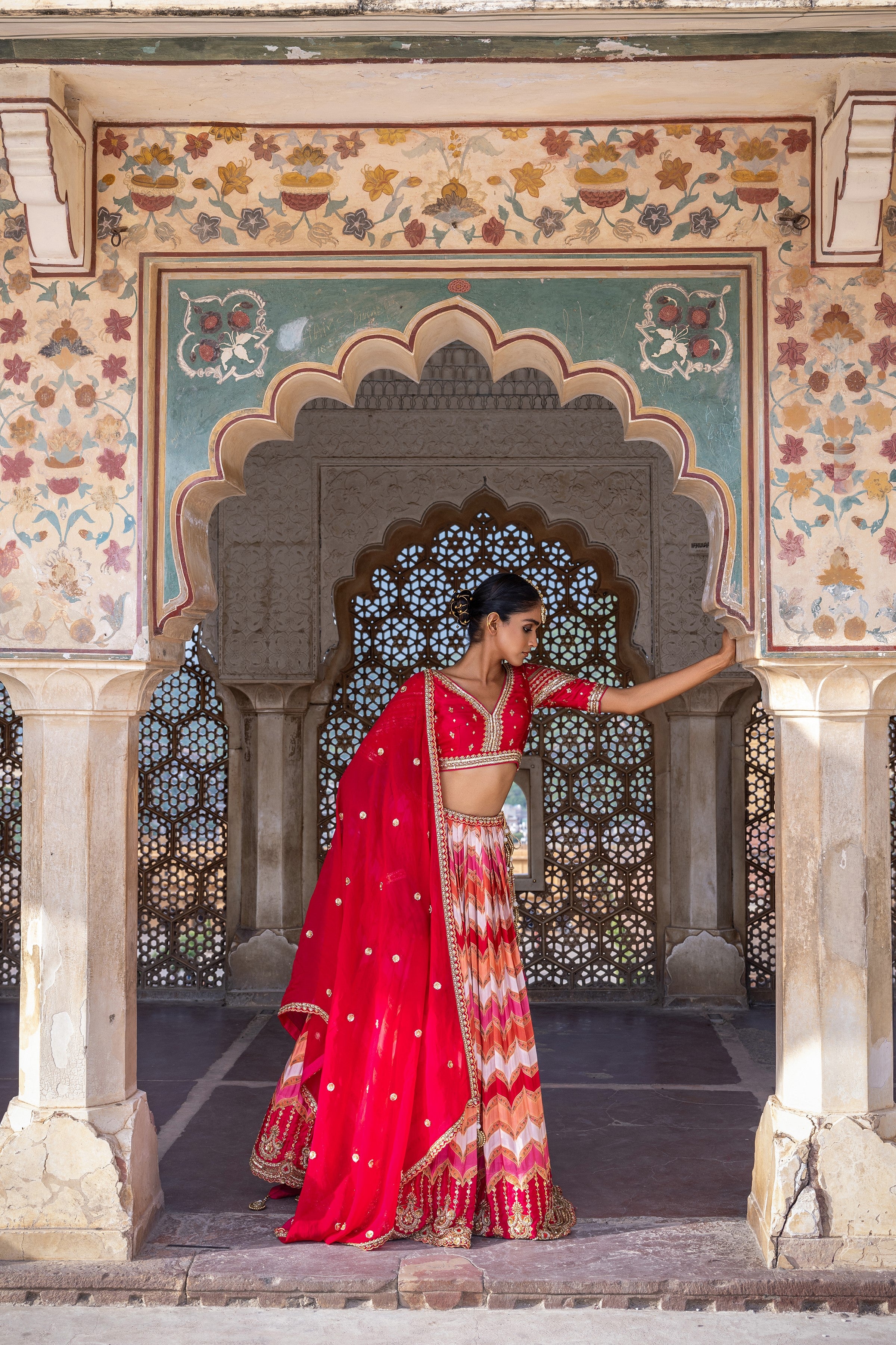 Ceremonial Red Embellished Satin Silk Lehenga Set