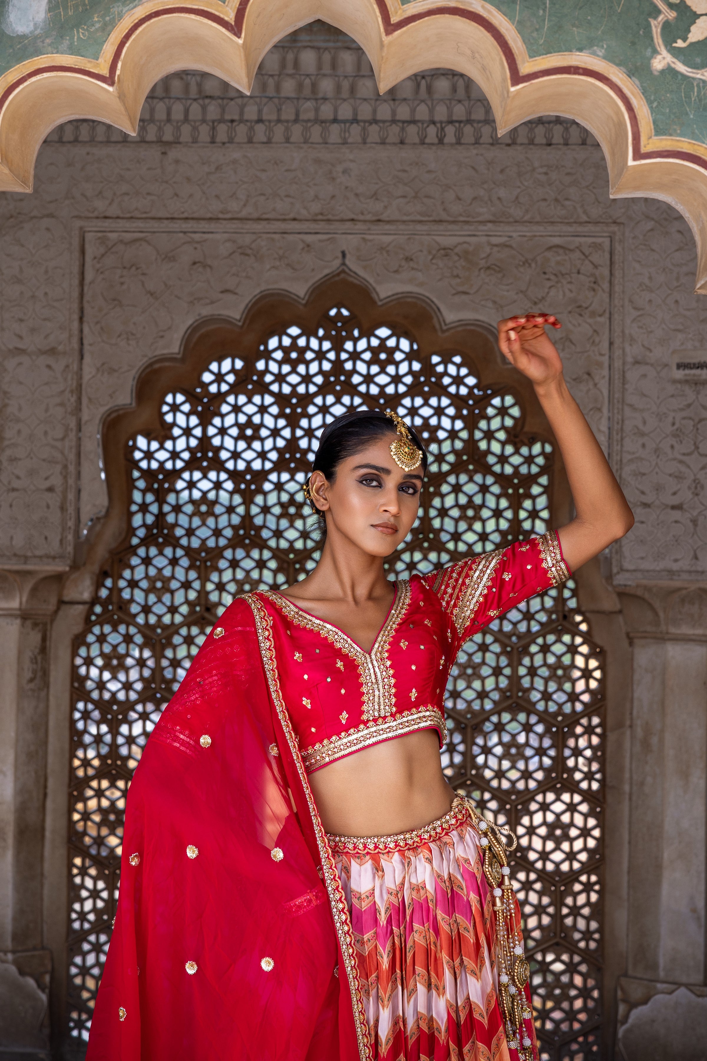 Ceremonial Red Embellished Satin Silk Lehenga Set