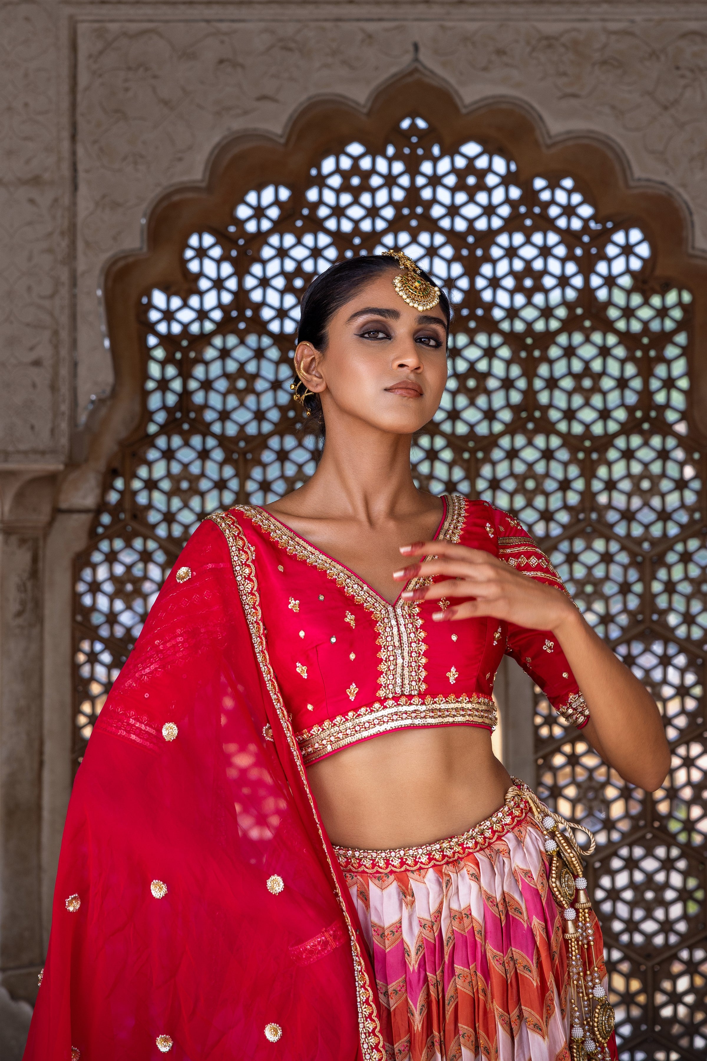 Ceremonial Red Embellished Satin Silk Lehenga Set