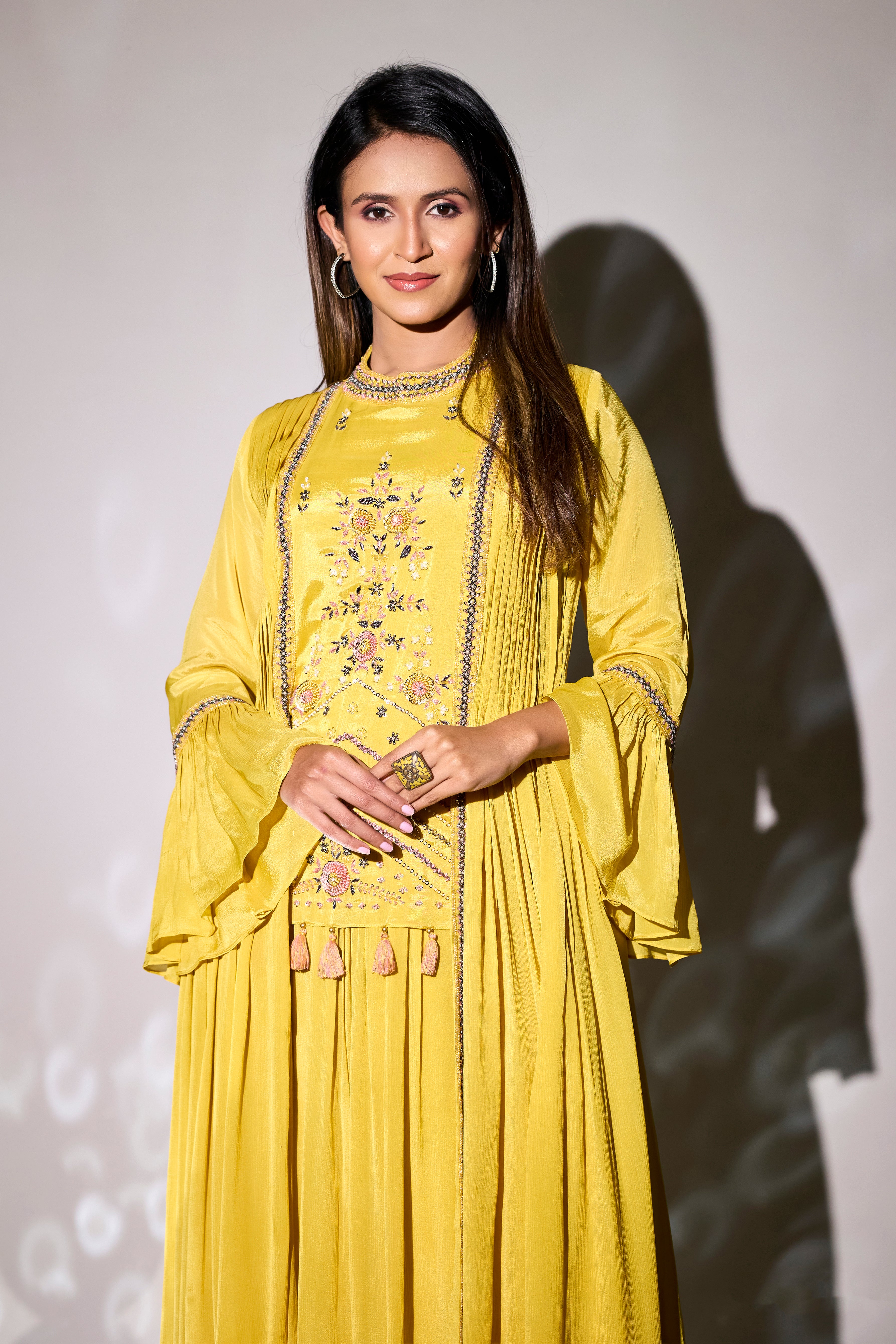 Bright Yellow Embellished Premium Chinon Silk Gown