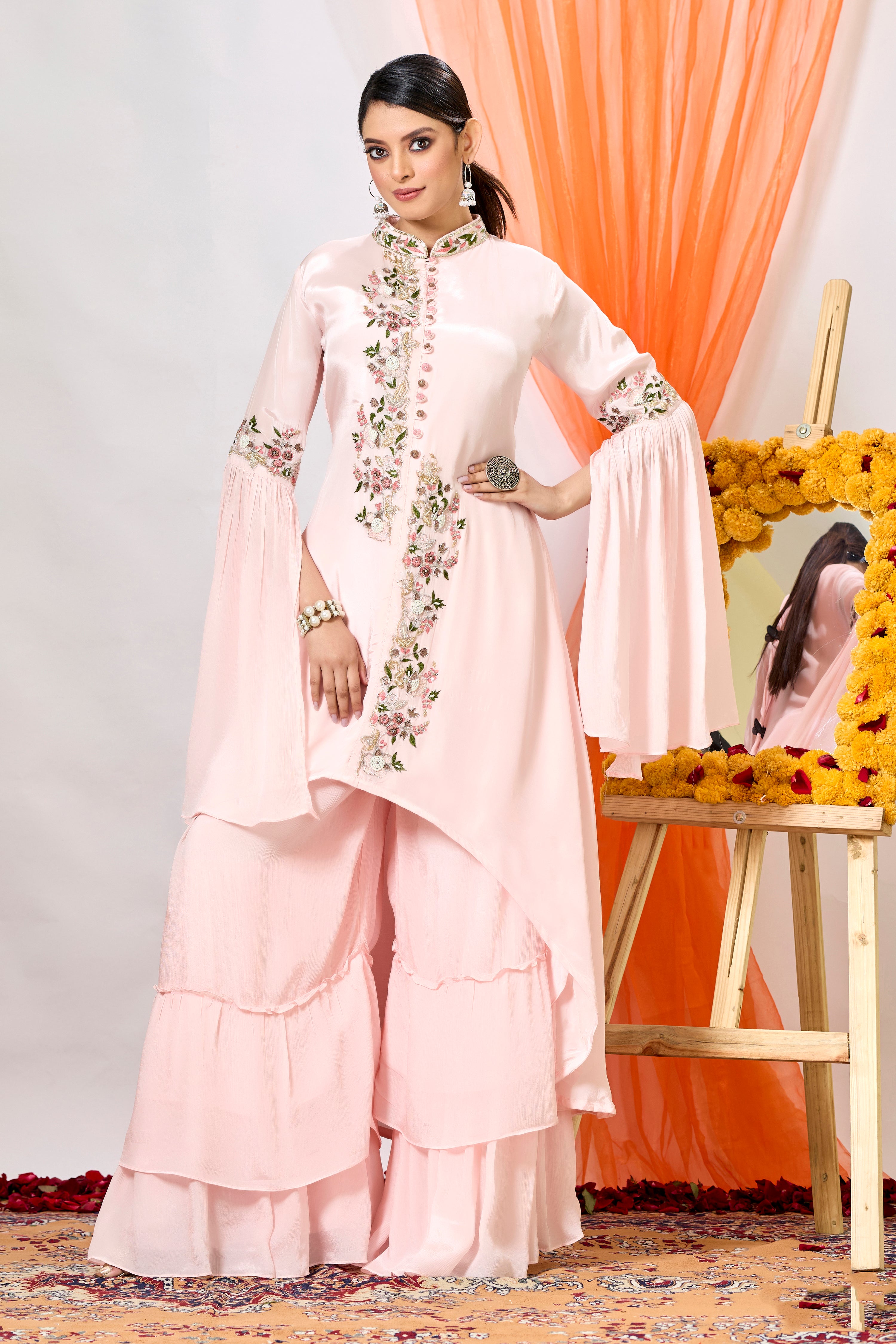 Misty Rose Pink Embroidered Premium Chinon Silk Sharara Set