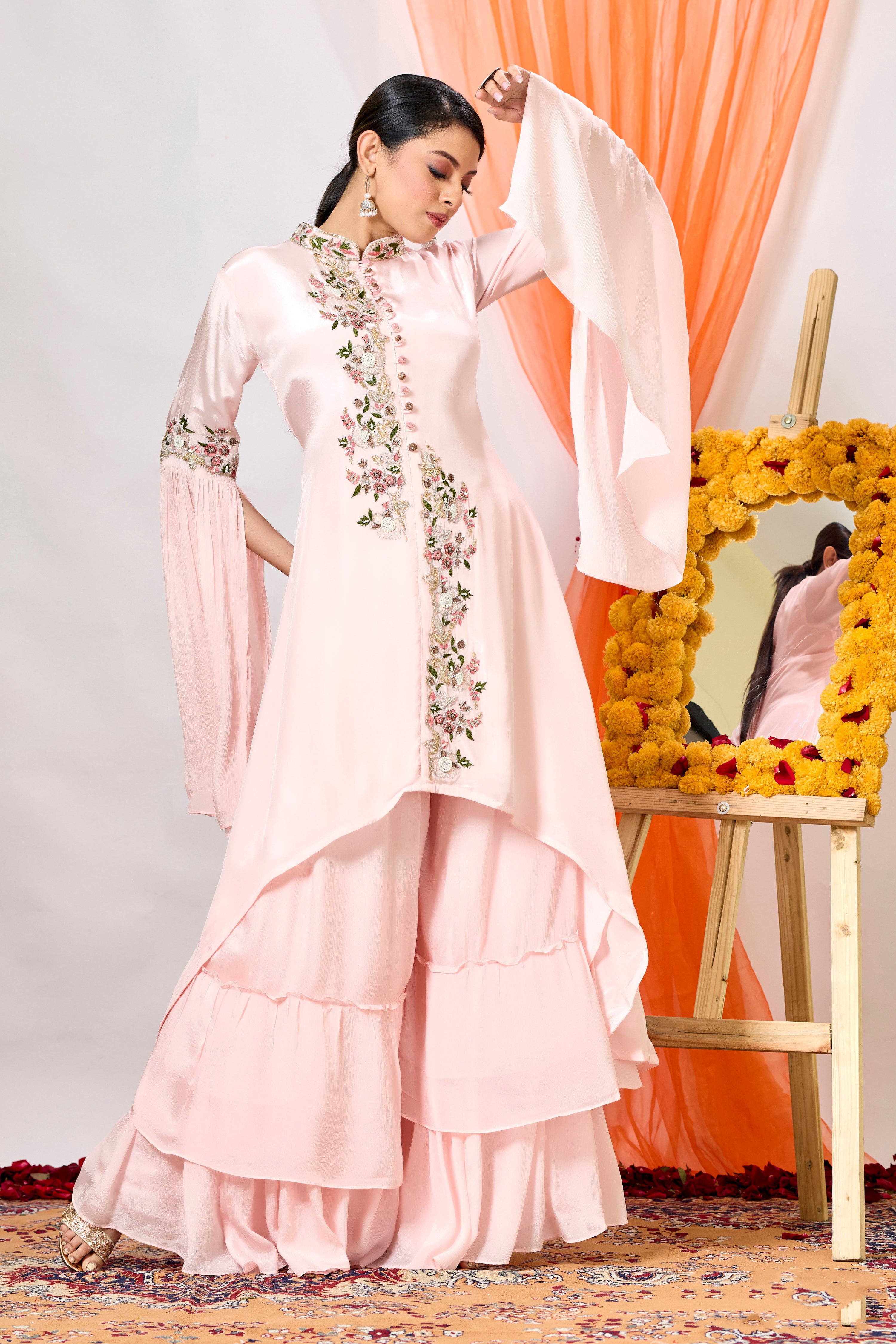 Misty Rose Pink Embroidered Premium Chinon Silk Sharara Set