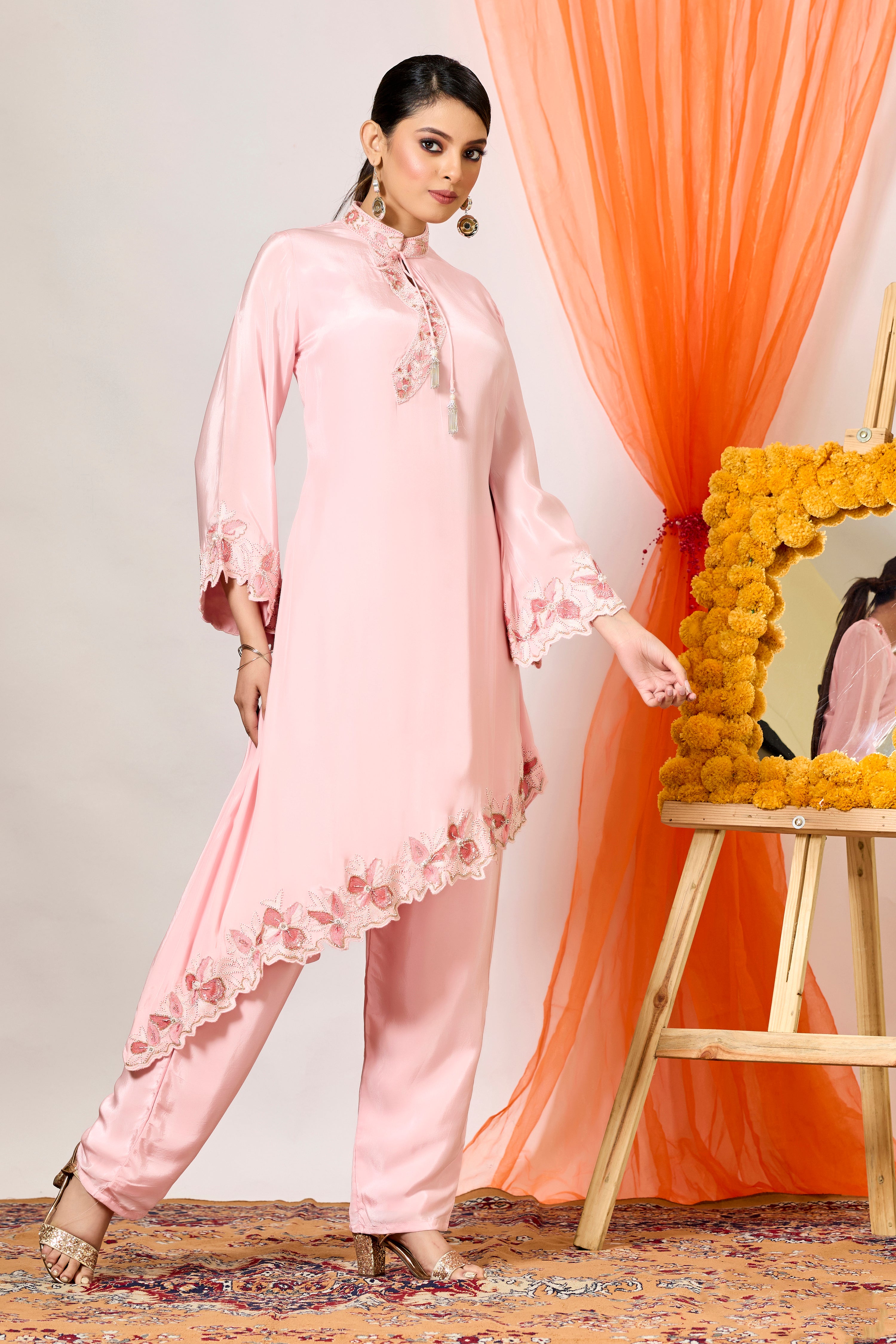 Soft Pink Embroidered Crepe Silk Kurta & Pants Set