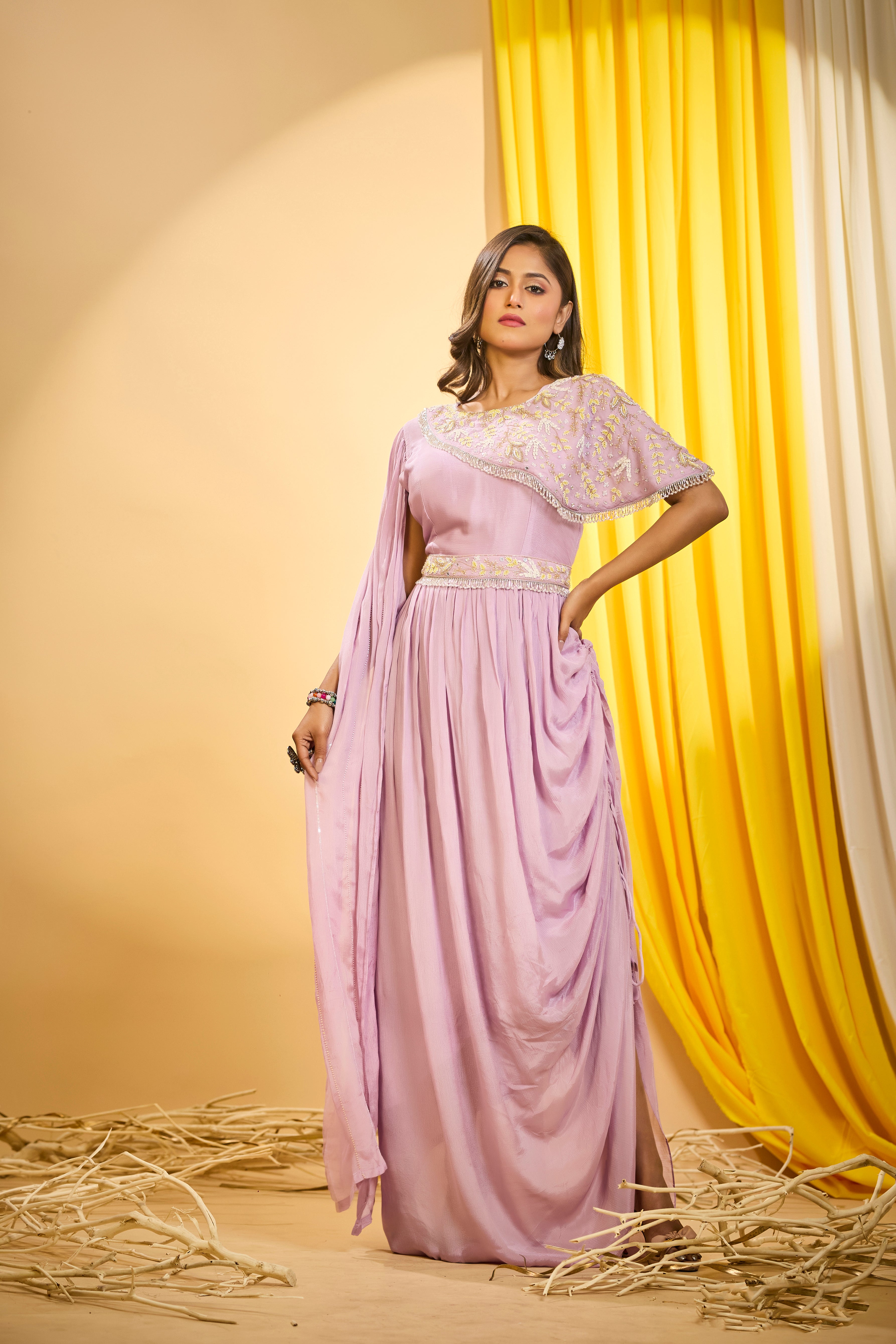 Soft Pink Embellished Chinon Silk Draped Gown