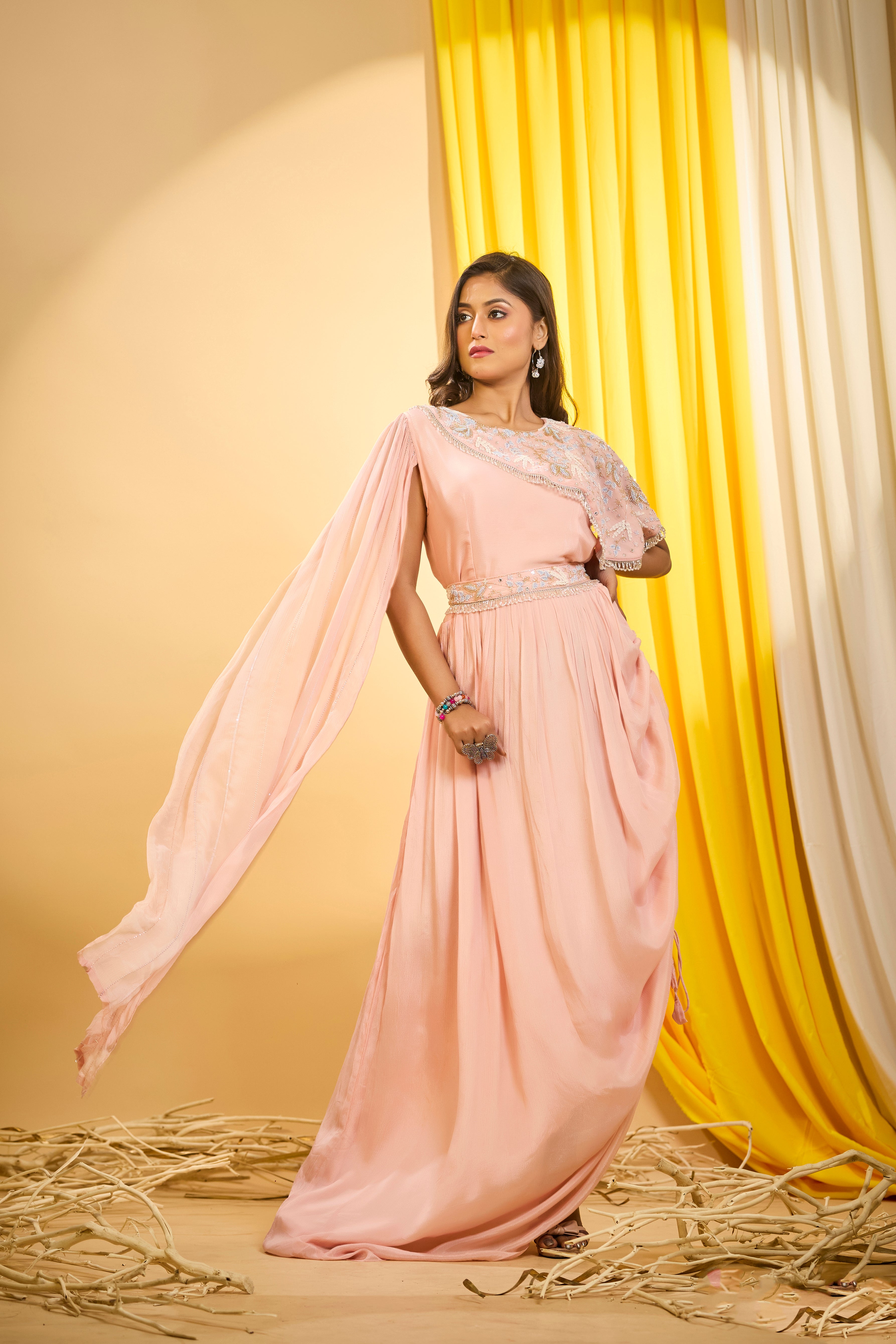 Coral Peach Embellished Chinon Silk Draped Gown