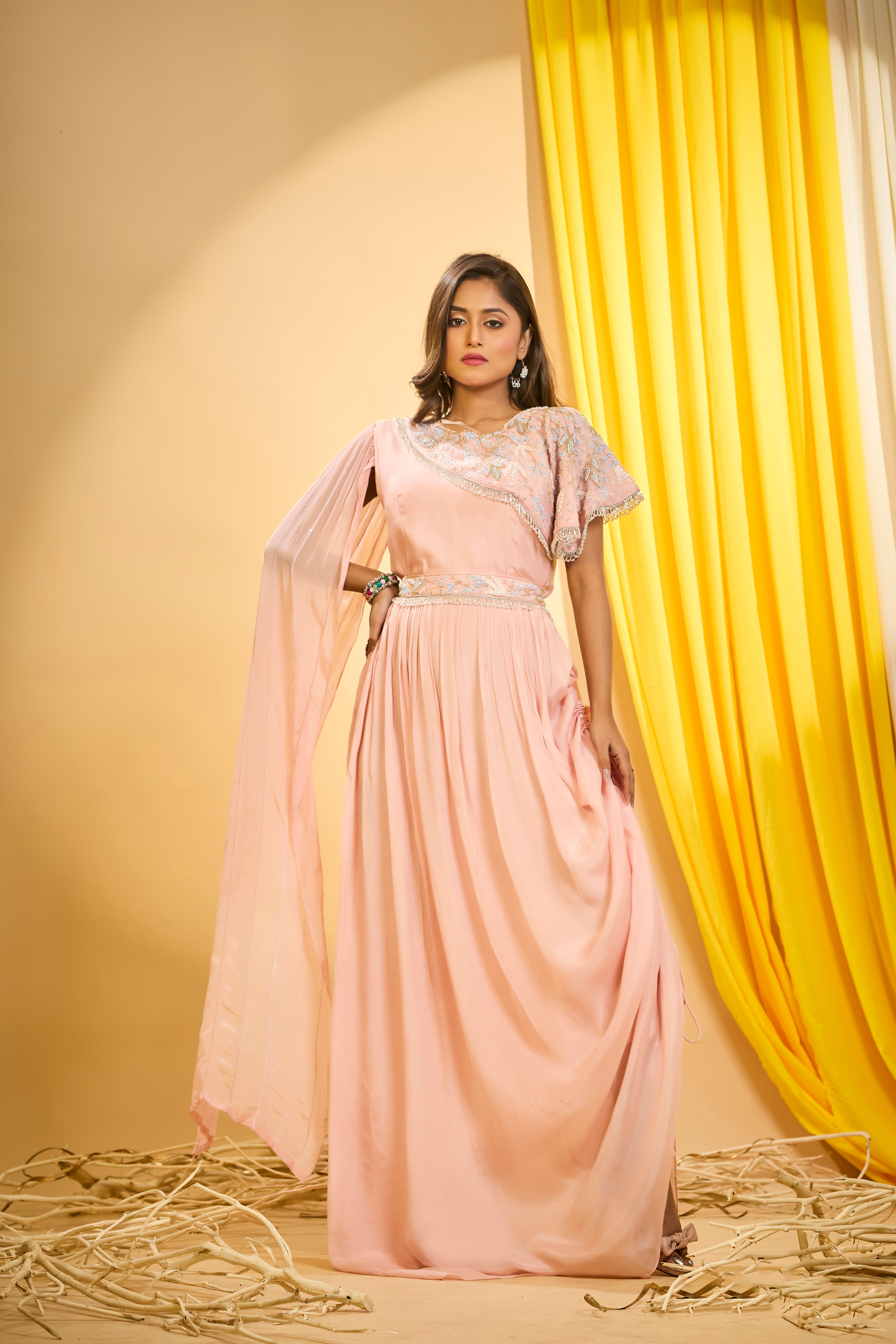 Coral Peach Embellished Chinon Silk Draped Gown