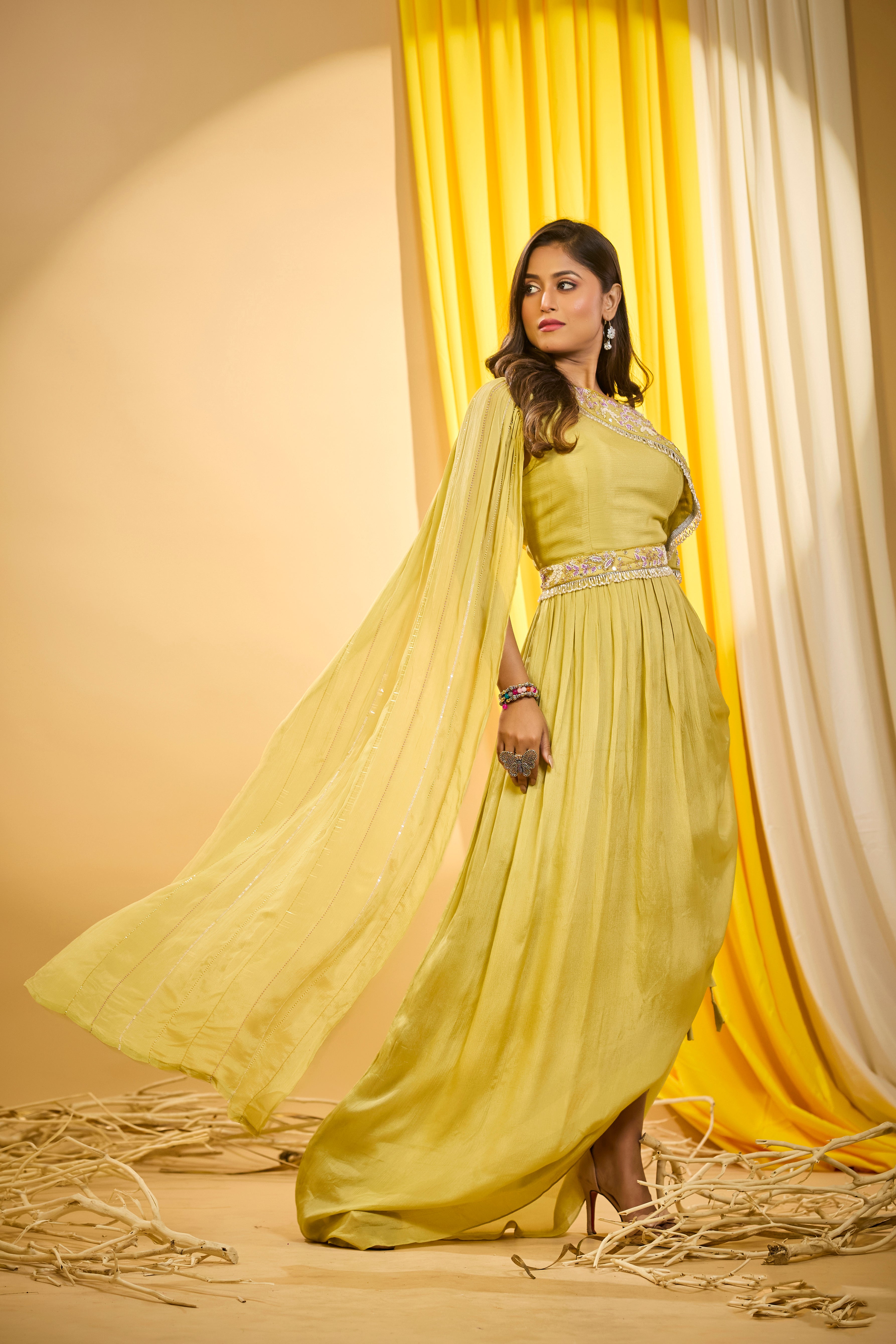 Corn Yellow Embellished Chinon Silk Draped Gown